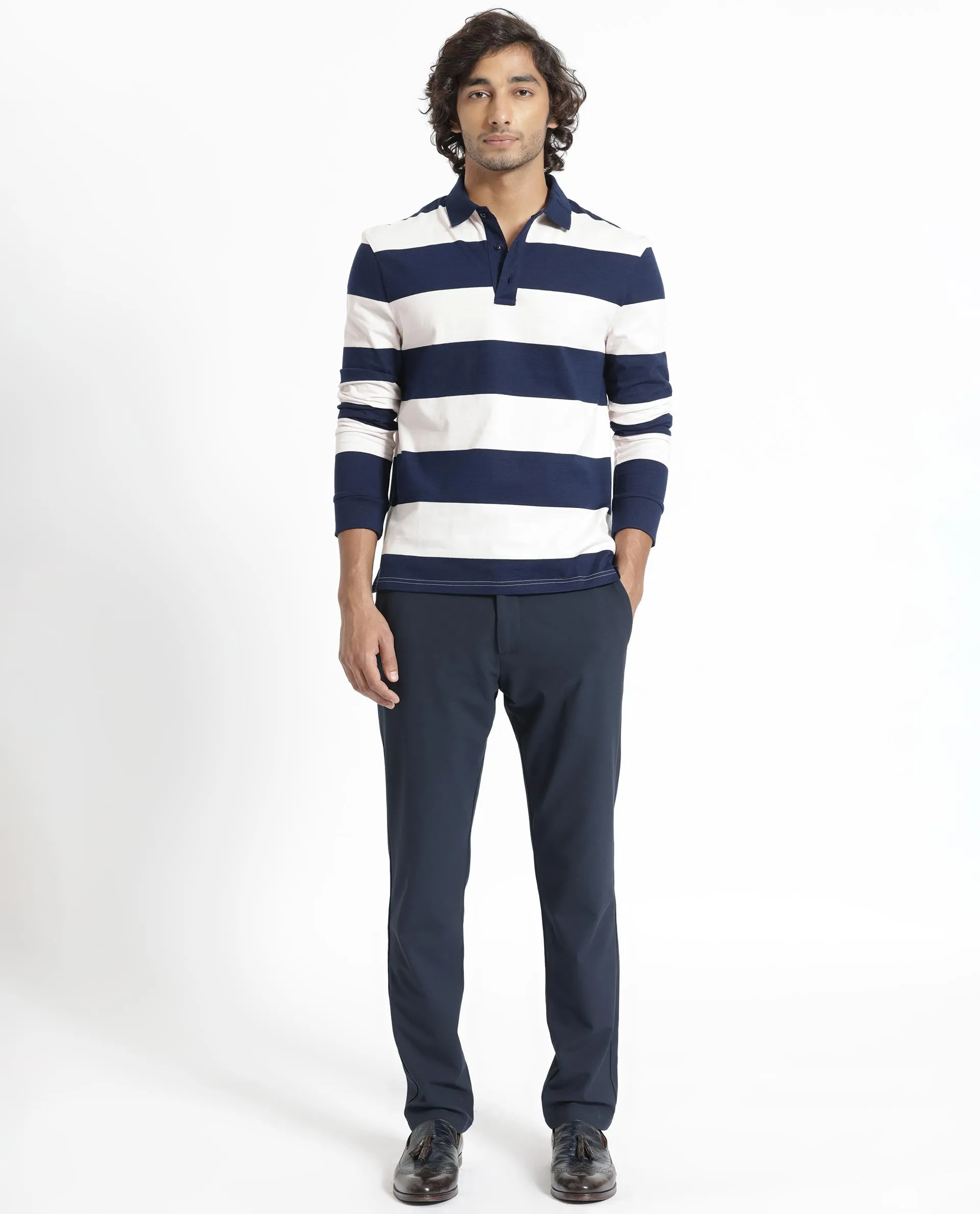 Rare Rabbit Men's Karen Light Pink Collared Neck Full Sleeves Striped Polo T-Shirt