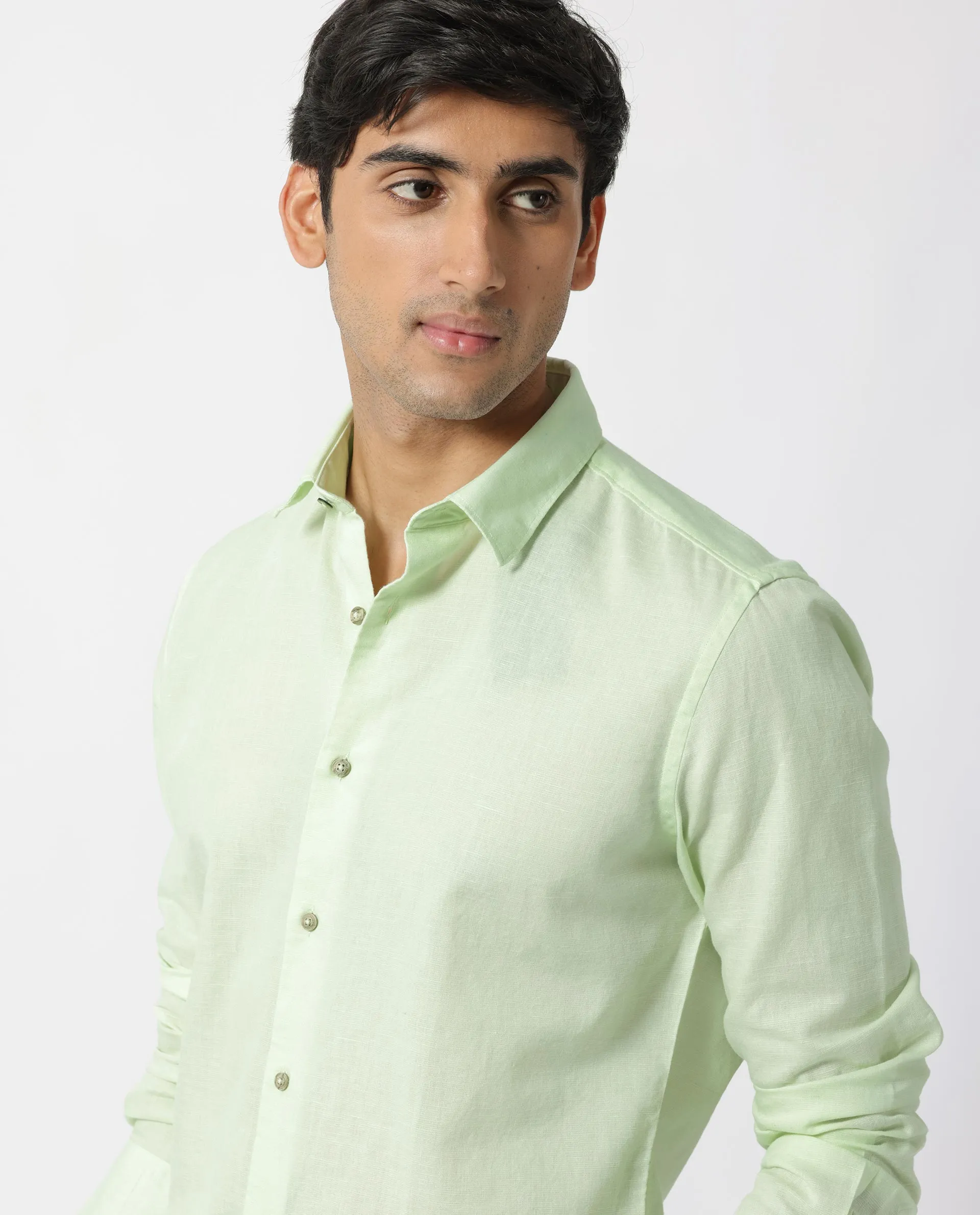 Rare Rabbit Men's Linux Pastel Green Cotton Linen Fabric Full Sleeves Regular Fit Solid Shirt