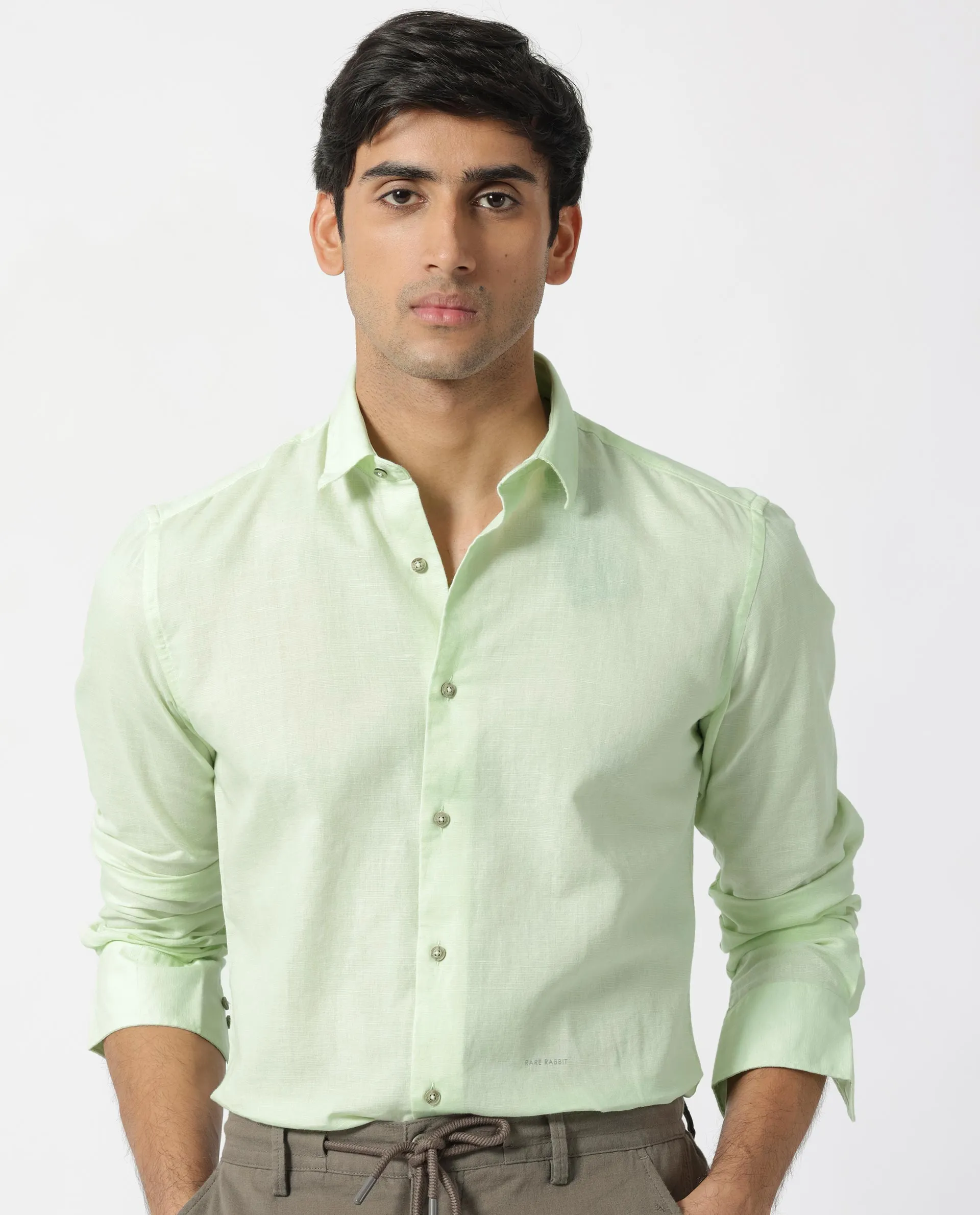 Rare Rabbit Men's Linux Pastel Green Cotton Linen Fabric Full Sleeves Regular Fit Solid Shirt