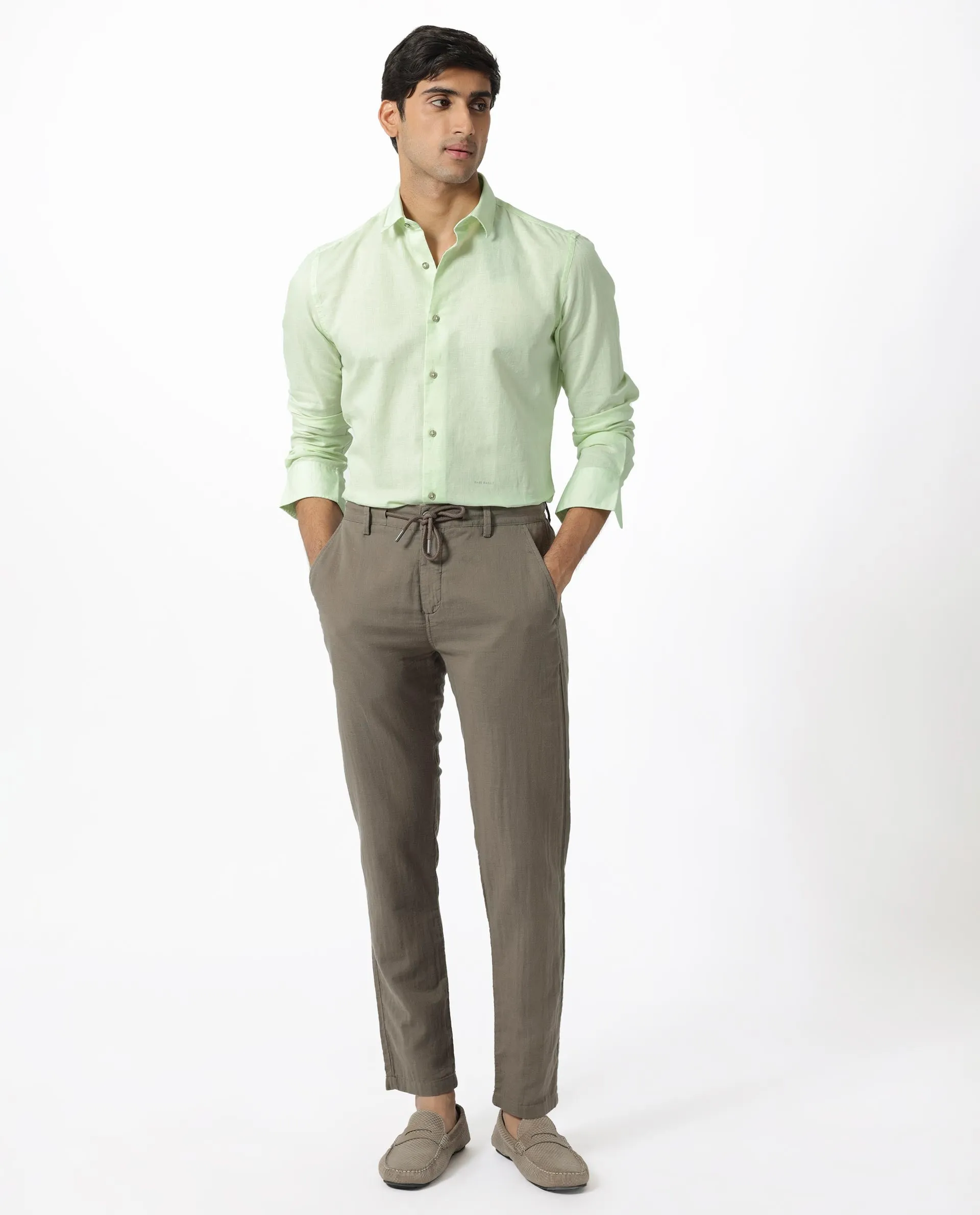 Rare Rabbit Men's Linux Pastel Green Cotton Linen Fabric Full Sleeves Regular Fit Solid Shirt