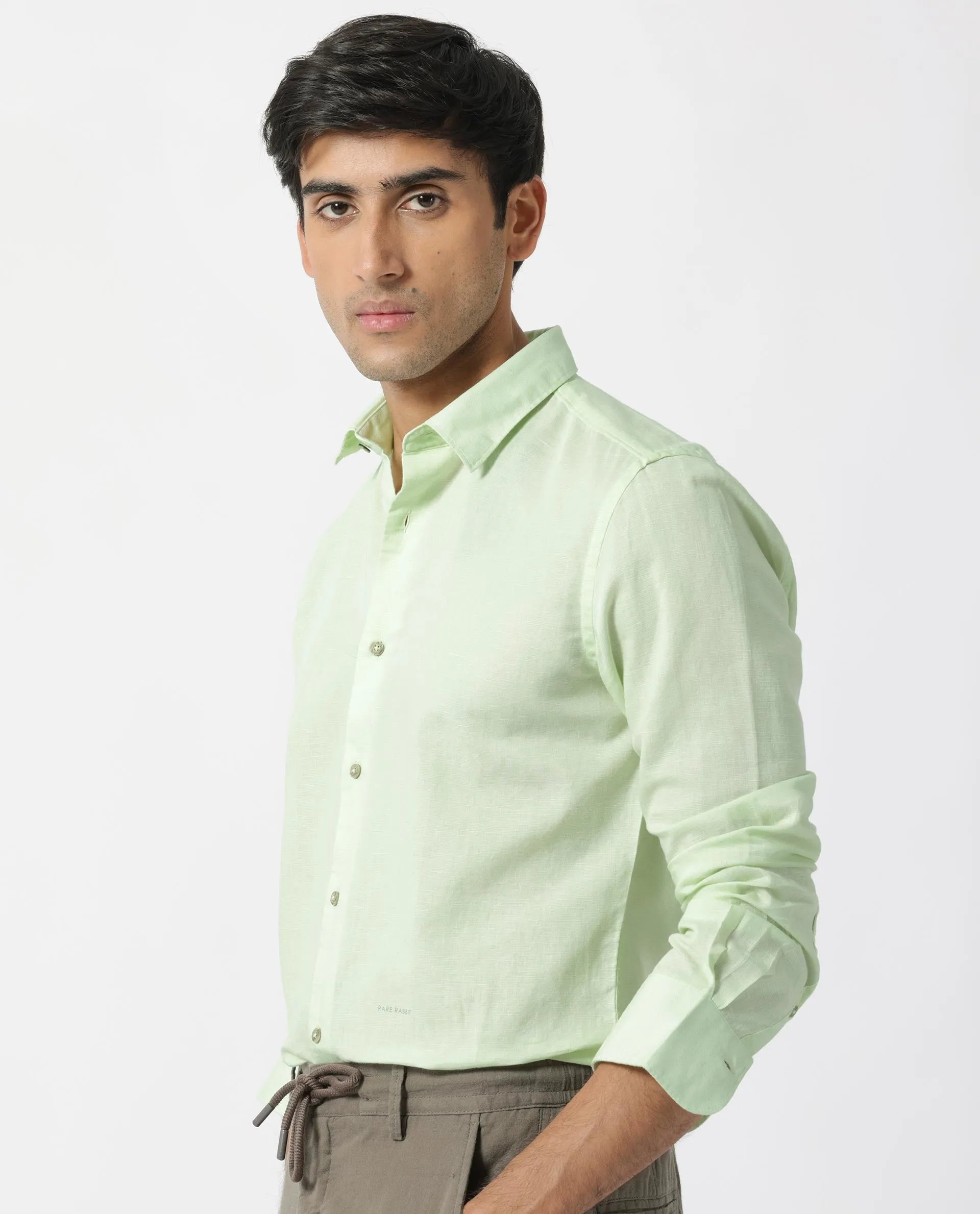 Rare Rabbit Men's Linux Pastel Green Cotton Linen Fabric Full Sleeves Regular Fit Solid Shirt