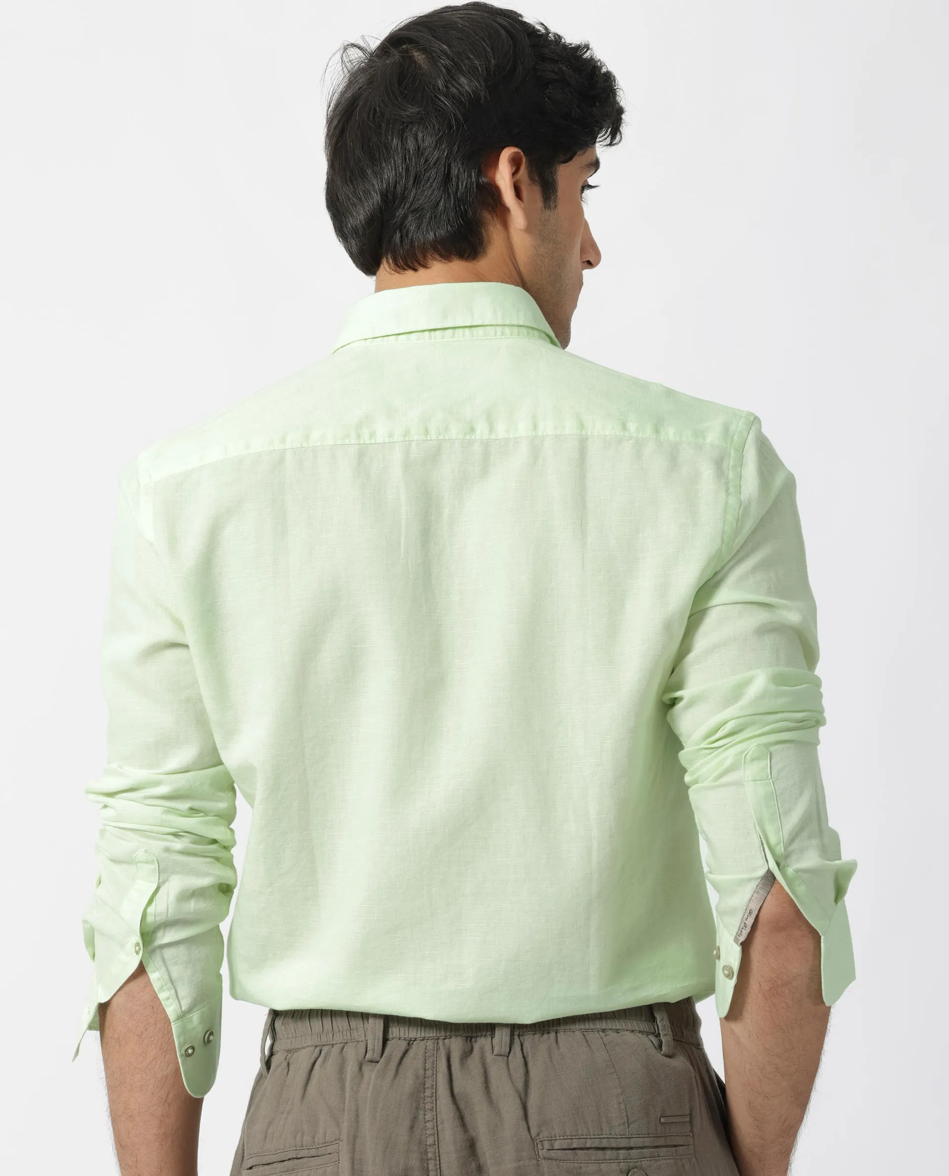 Rare Rabbit Men's Linux Pastel Green Cotton Linen Fabric Full Sleeves Regular Fit Solid Shirt