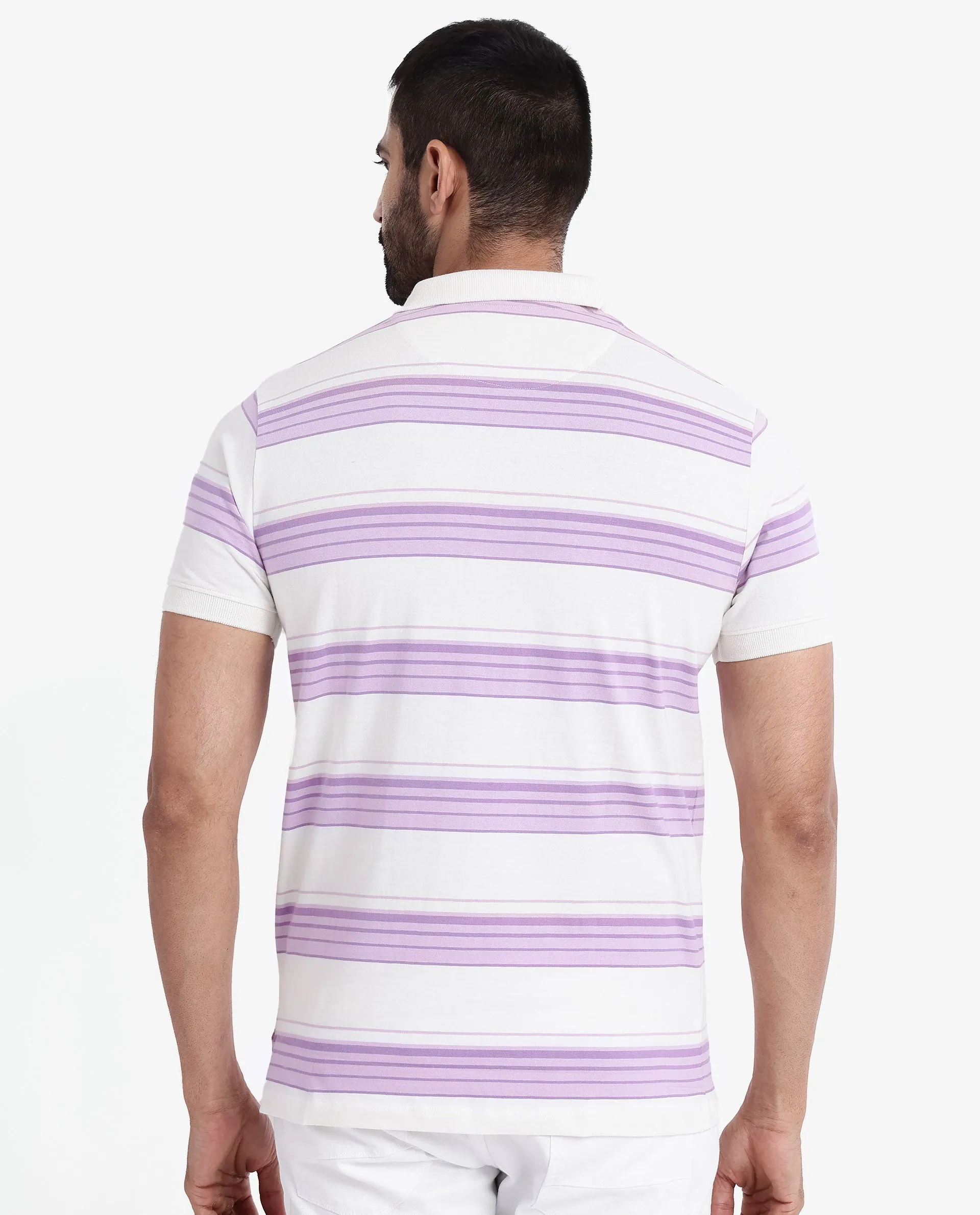 Rare Rabbit Men's Verdun Beige Cotton Fabric Half Sleeves Striped Polo T-Shirt
