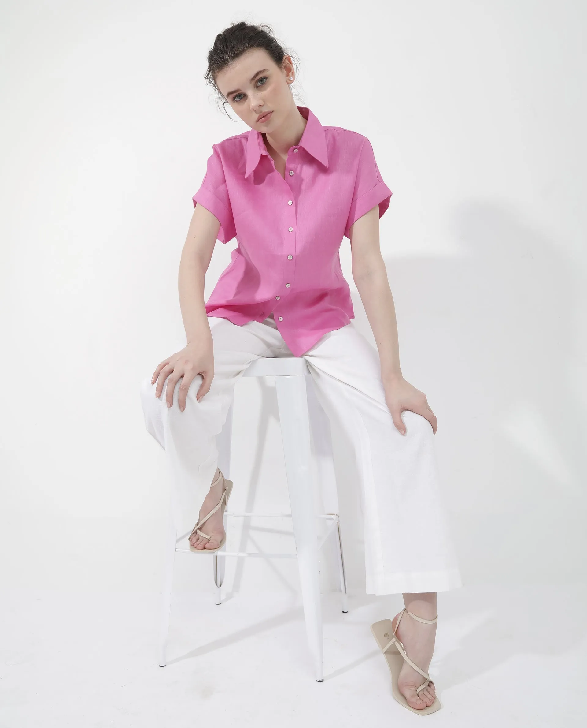 Rareism Women Venezuela Light Pink Cotton Linen Fabric Collared Neck Solid Boxy Fit Shirt
