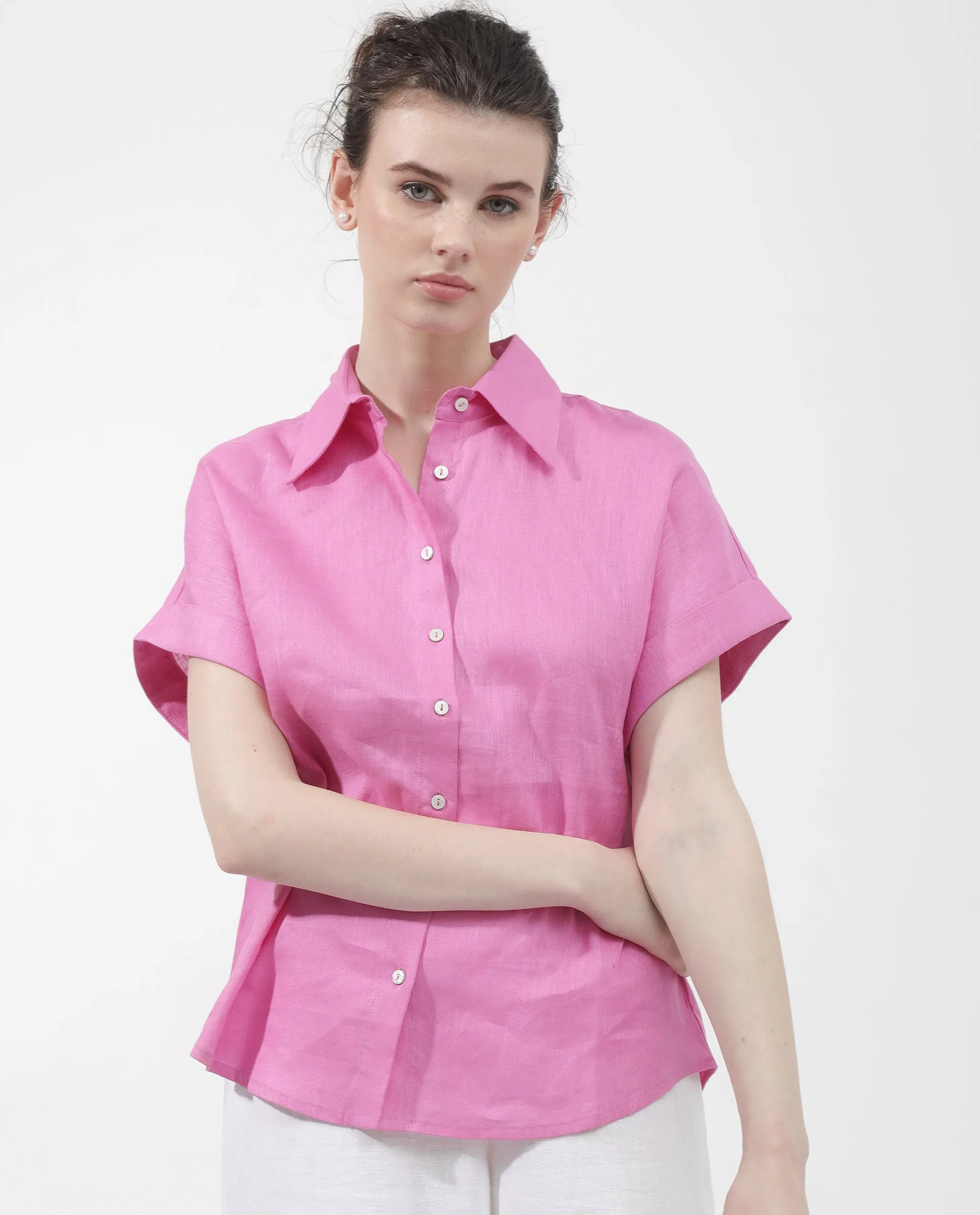 Rareism Women Venezuela Light Pink Cotton Linen Fabric Collared Neck Solid Boxy Fit Shirt
