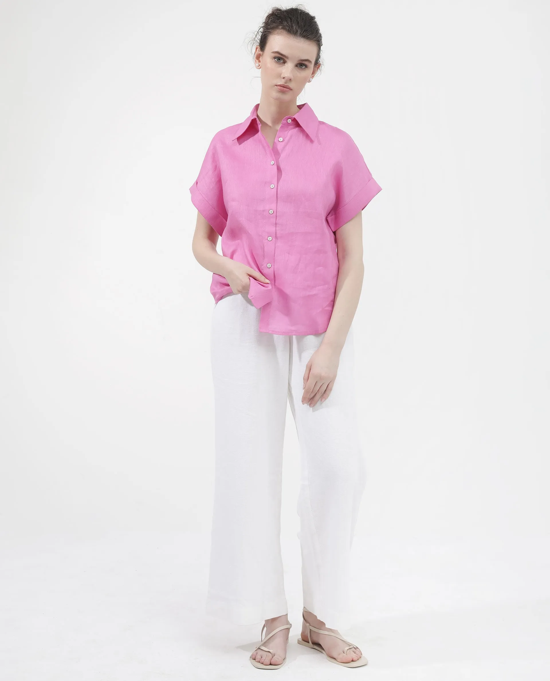 Rareism Women Venezuela Light Pink Cotton Linen Fabric Collared Neck Solid Boxy Fit Shirt