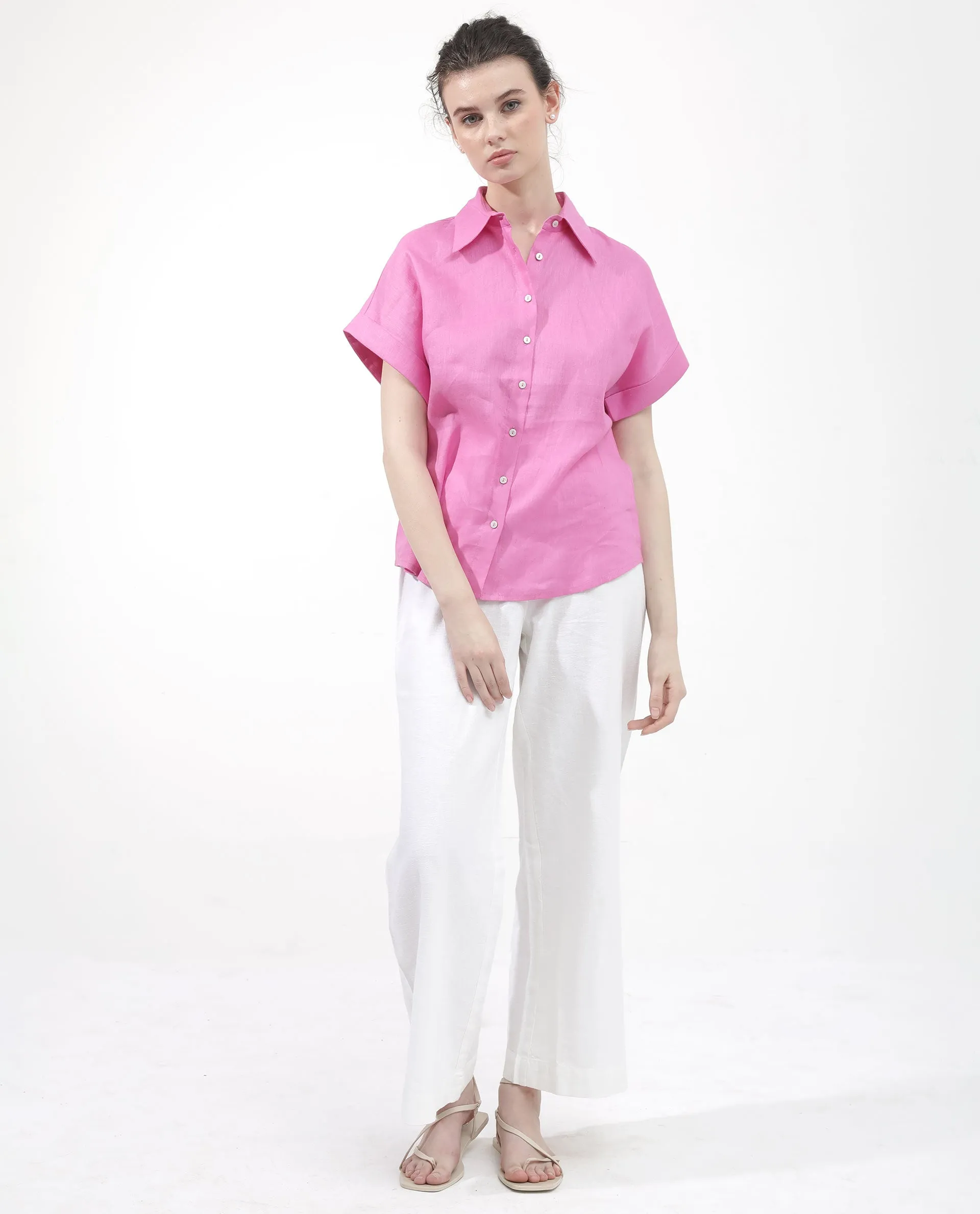 Rareism Women Venezuela Light Pink Cotton Linen Fabric Collared Neck Solid Boxy Fit Shirt