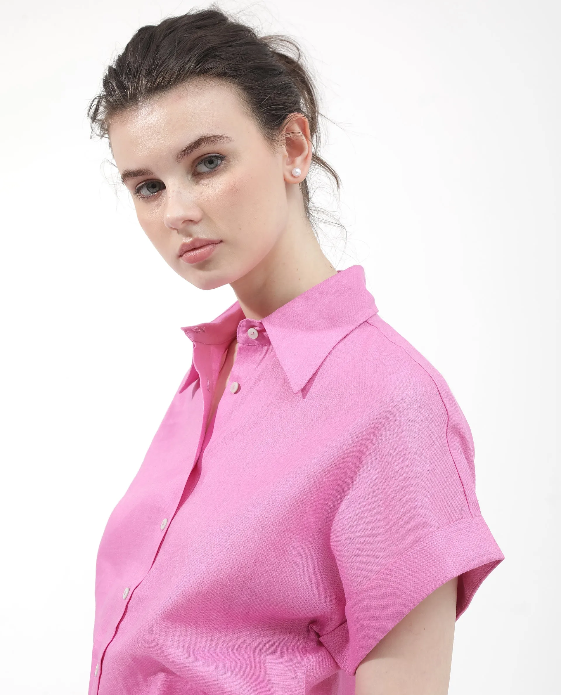 Rareism Women Venezuela Light Pink Cotton Linen Fabric Collared Neck Solid Boxy Fit Shirt