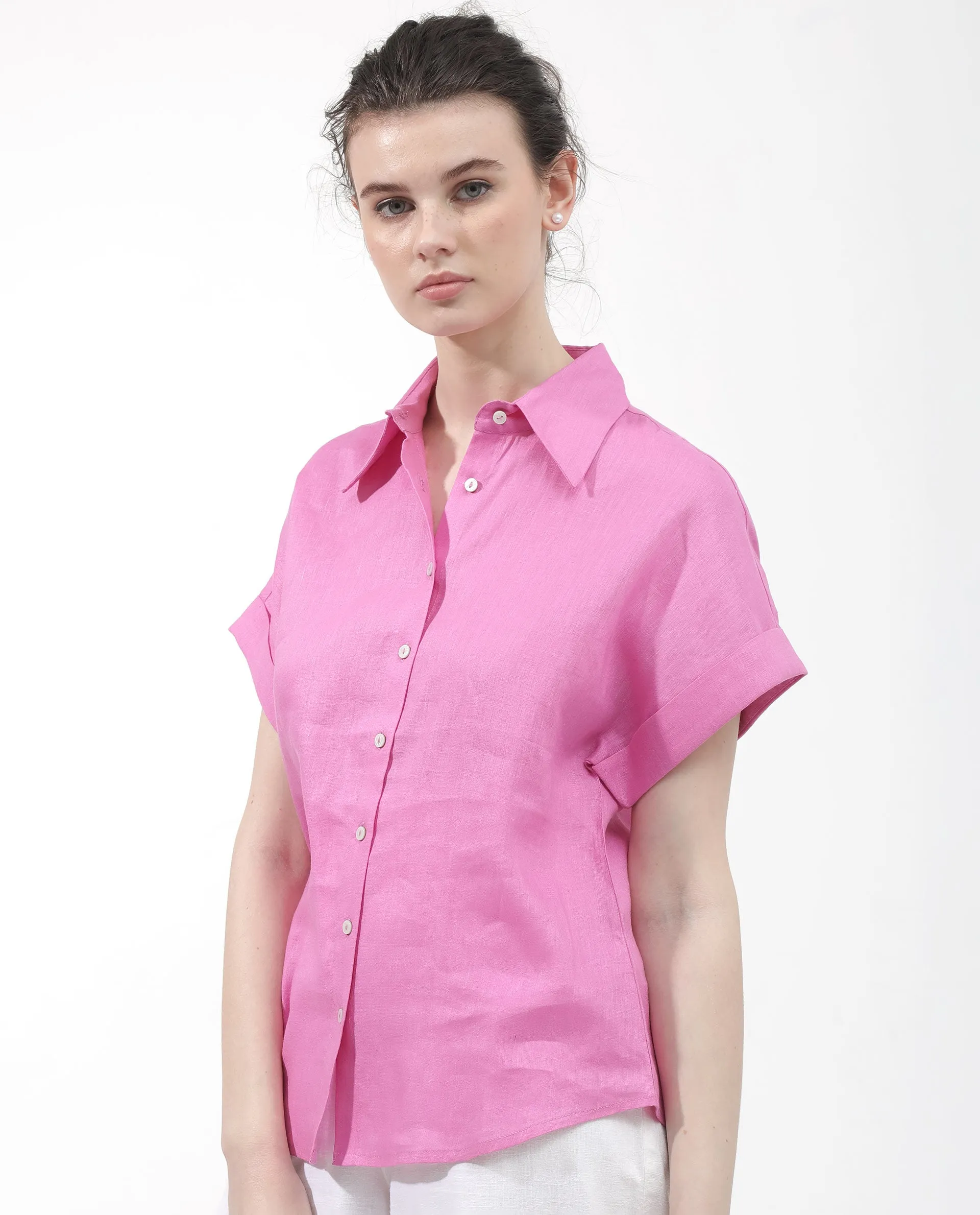 Rareism Women Venezuela Light Pink Cotton Linen Fabric Collared Neck Solid Boxy Fit Shirt