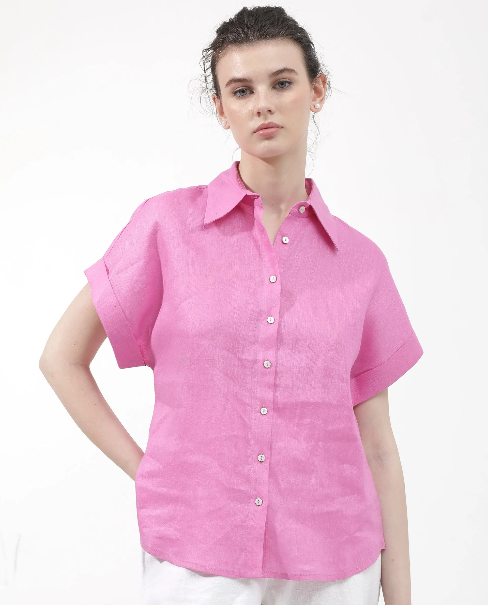 Rareism Women Venezuela Light Pink Cotton Linen Fabric Collared Neck Solid Boxy Fit Shirt