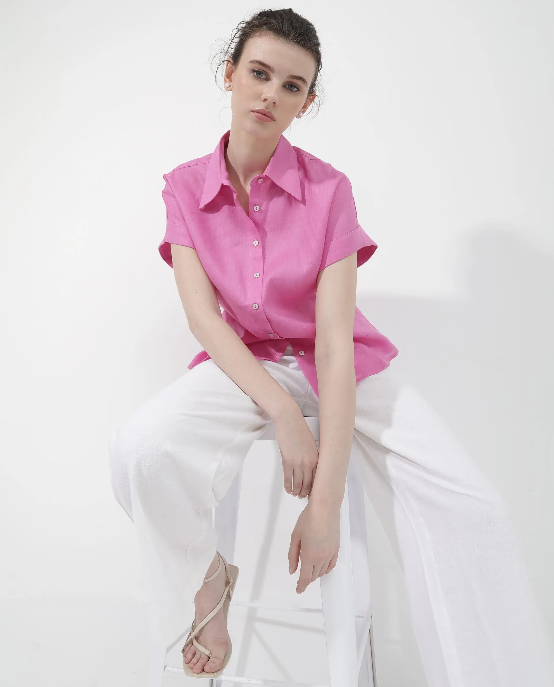 Rareism Women Venezuela Light Pink Cotton Linen Fabric Collared Neck Solid Boxy Fit Shirt