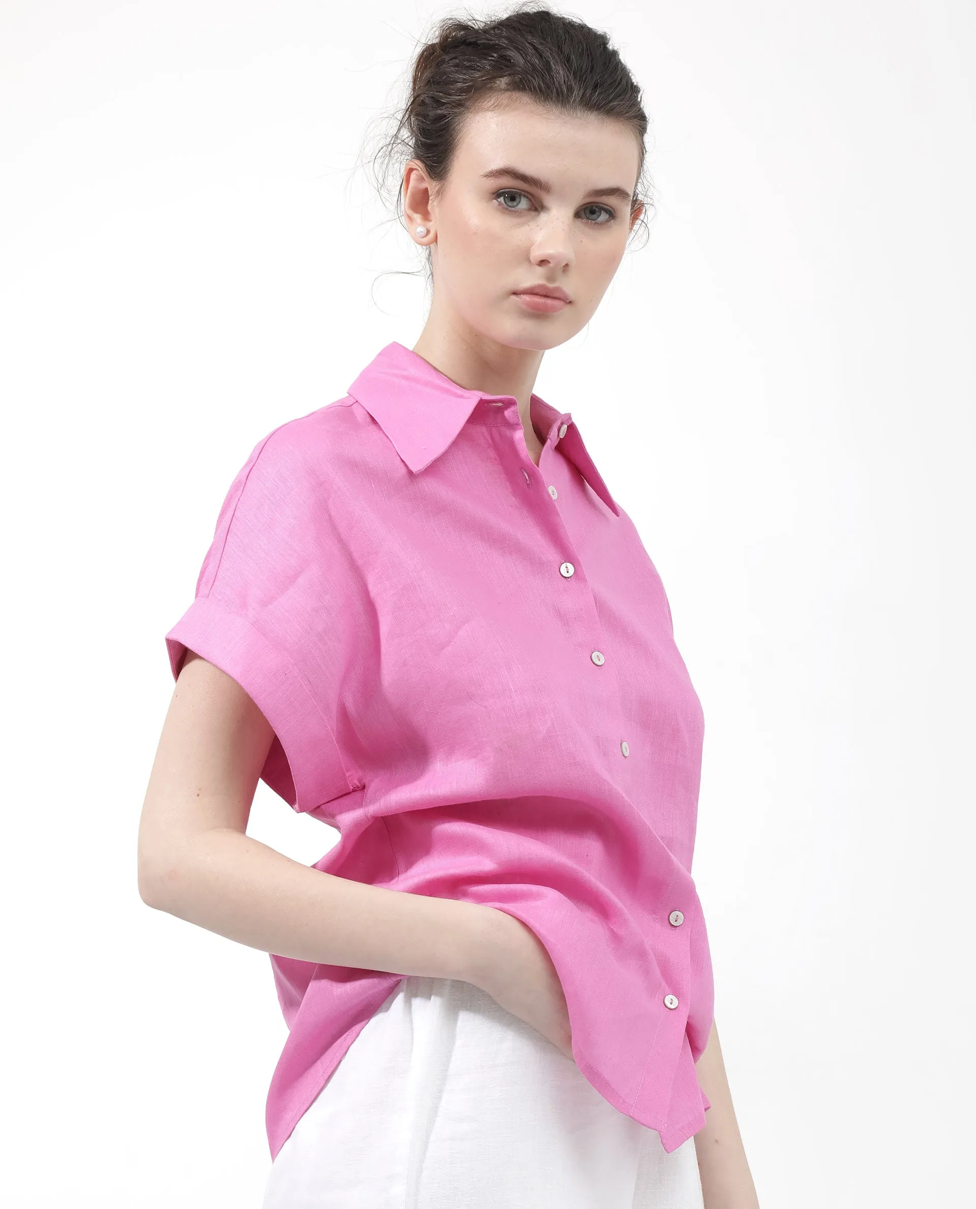 Rareism Women Venezuela Light Pink Cotton Linen Fabric Collared Neck Solid Boxy Fit Shirt