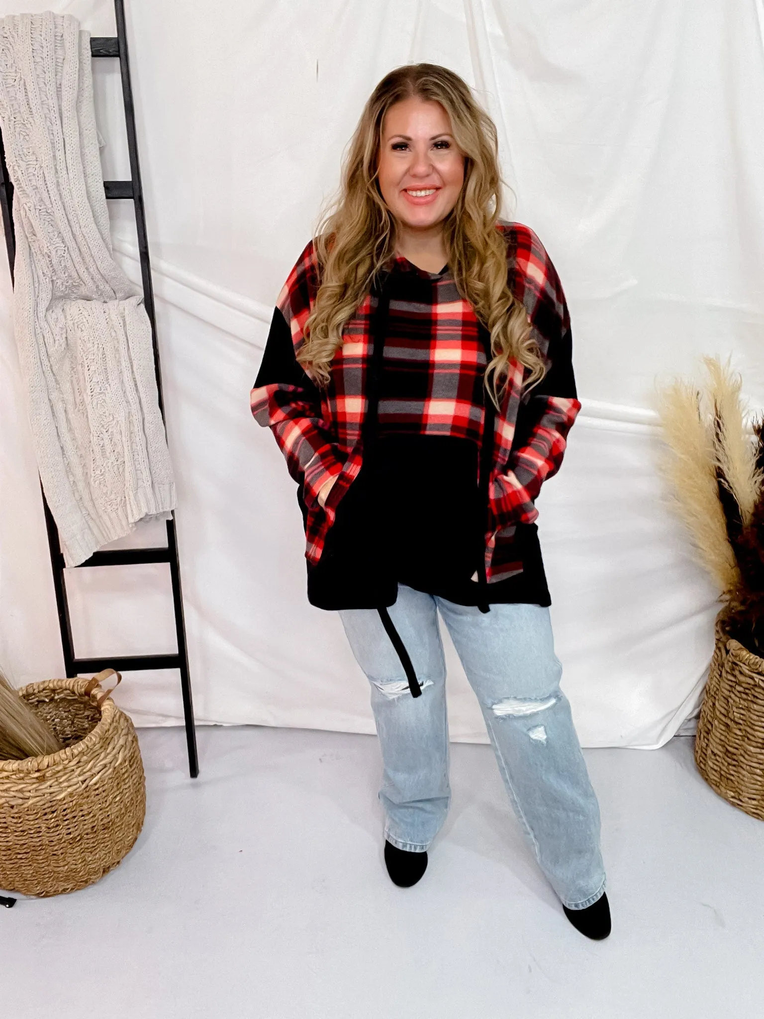 Red and Black Plaid Colorblock Hoodie