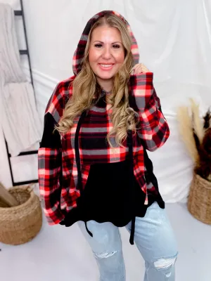 Red and Black Plaid Colorblock Hoodie