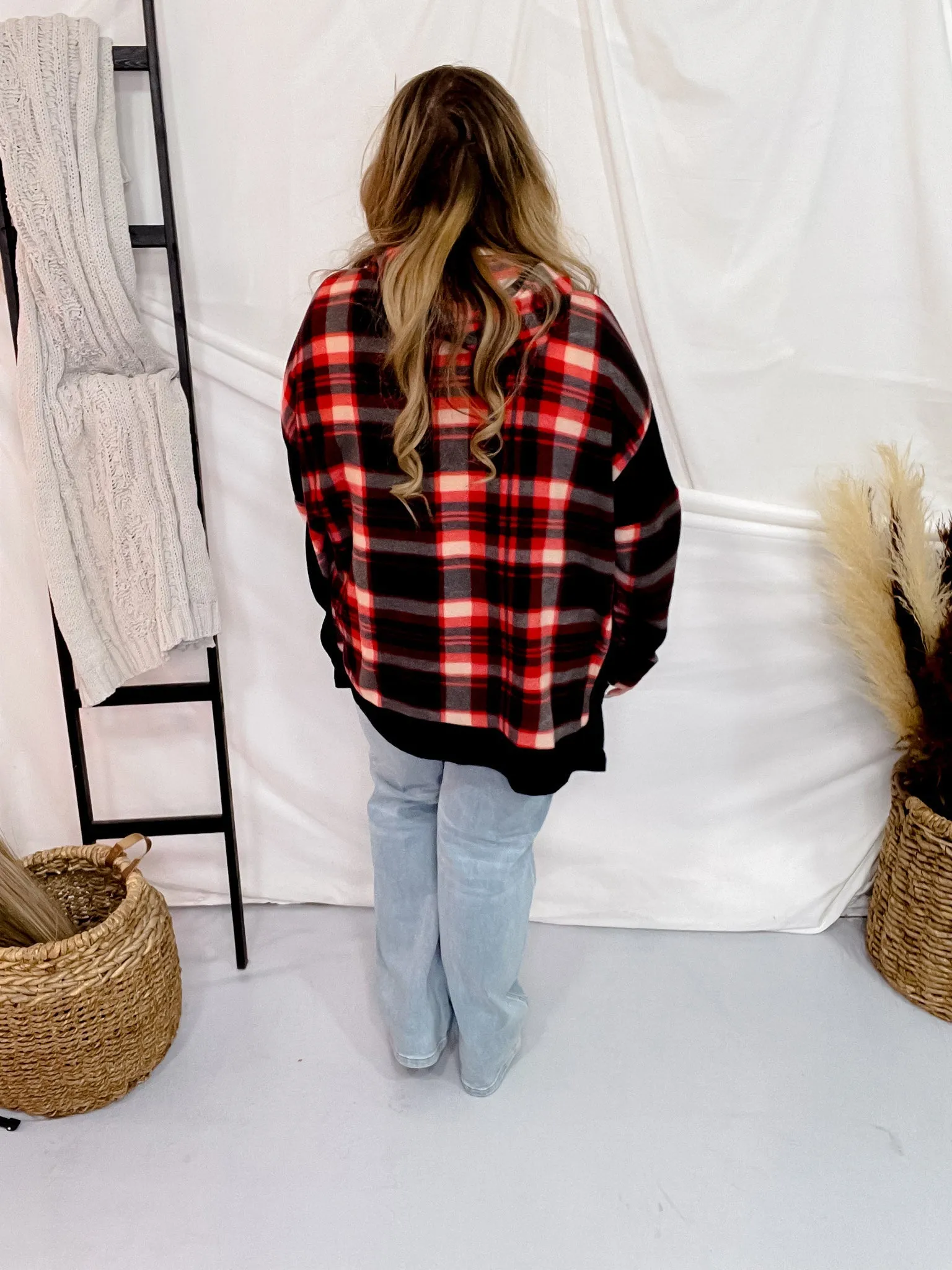 Red and Black Plaid Colorblock Hoodie
