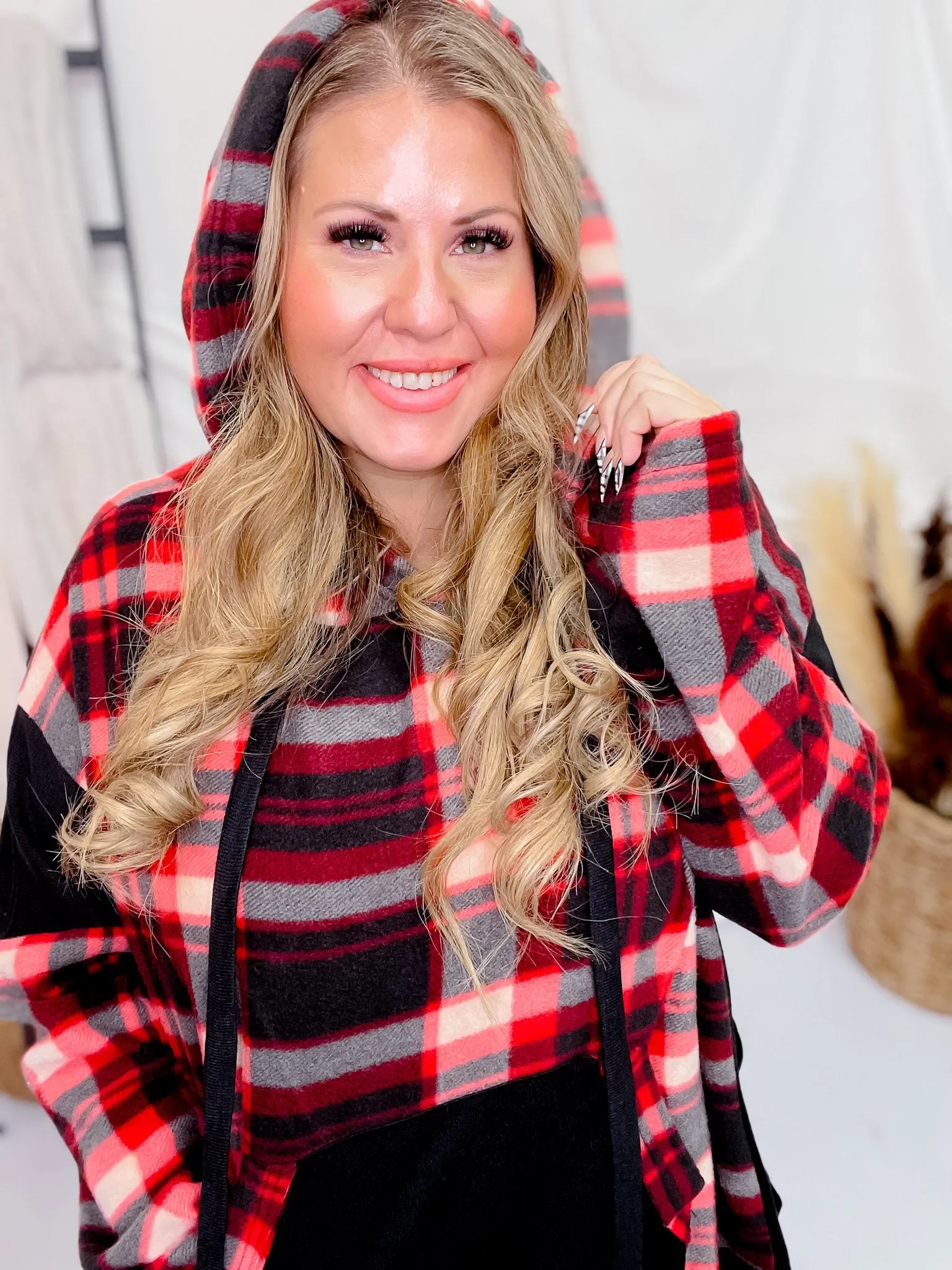 Red and Black Plaid Colorblock Hoodie