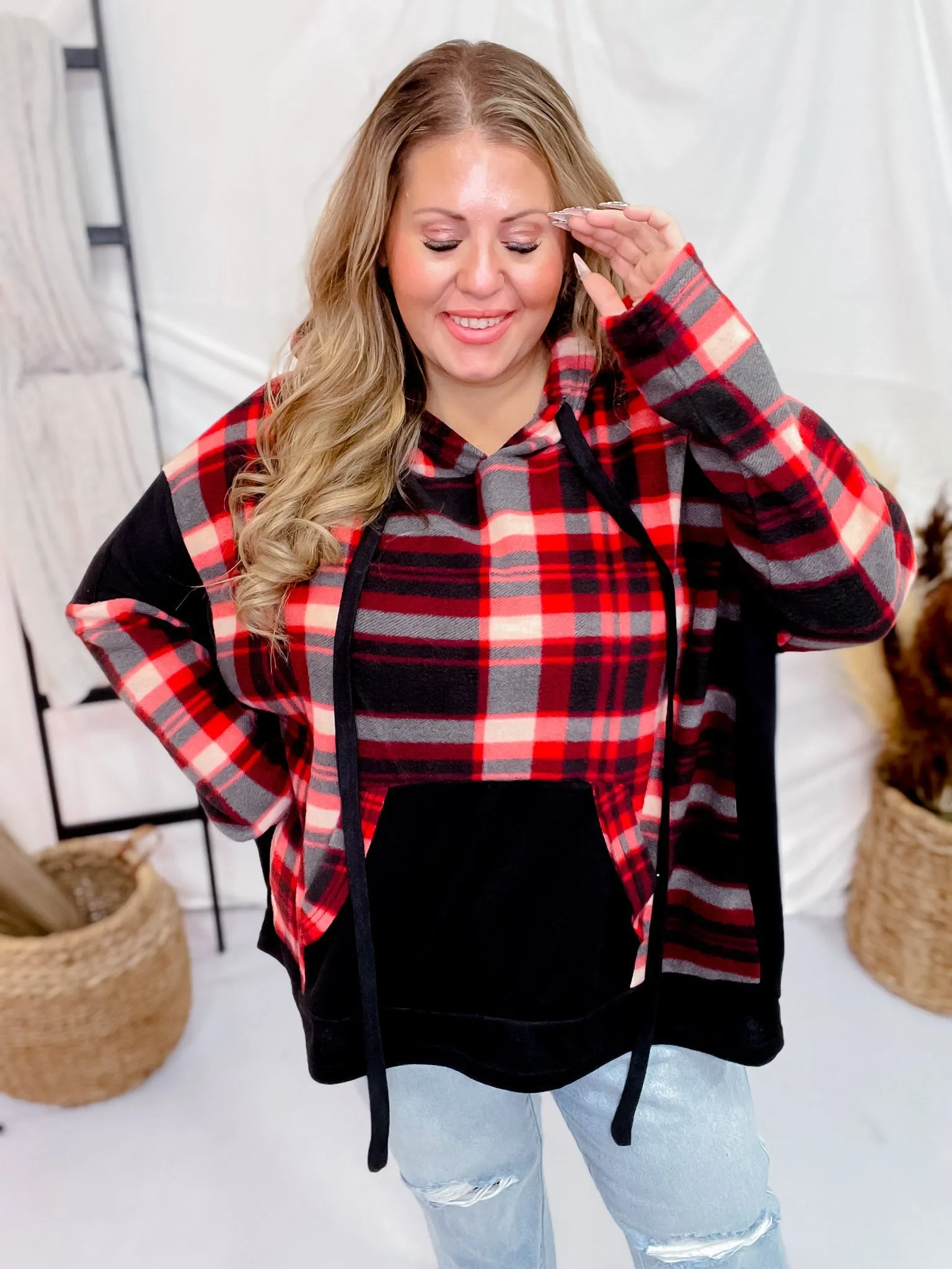 Red and Black Plaid Colorblock Hoodie