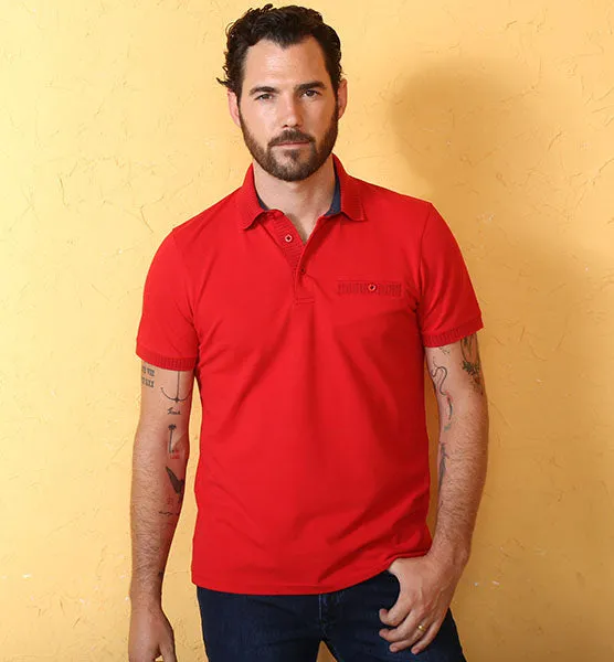 Red Pocket Polo With Dot Trim