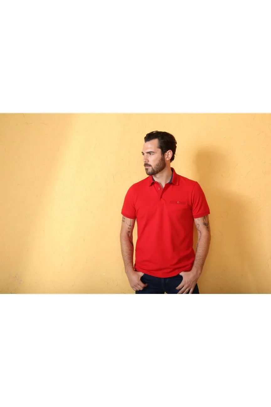 Red Pocket Polo With Dot Trim