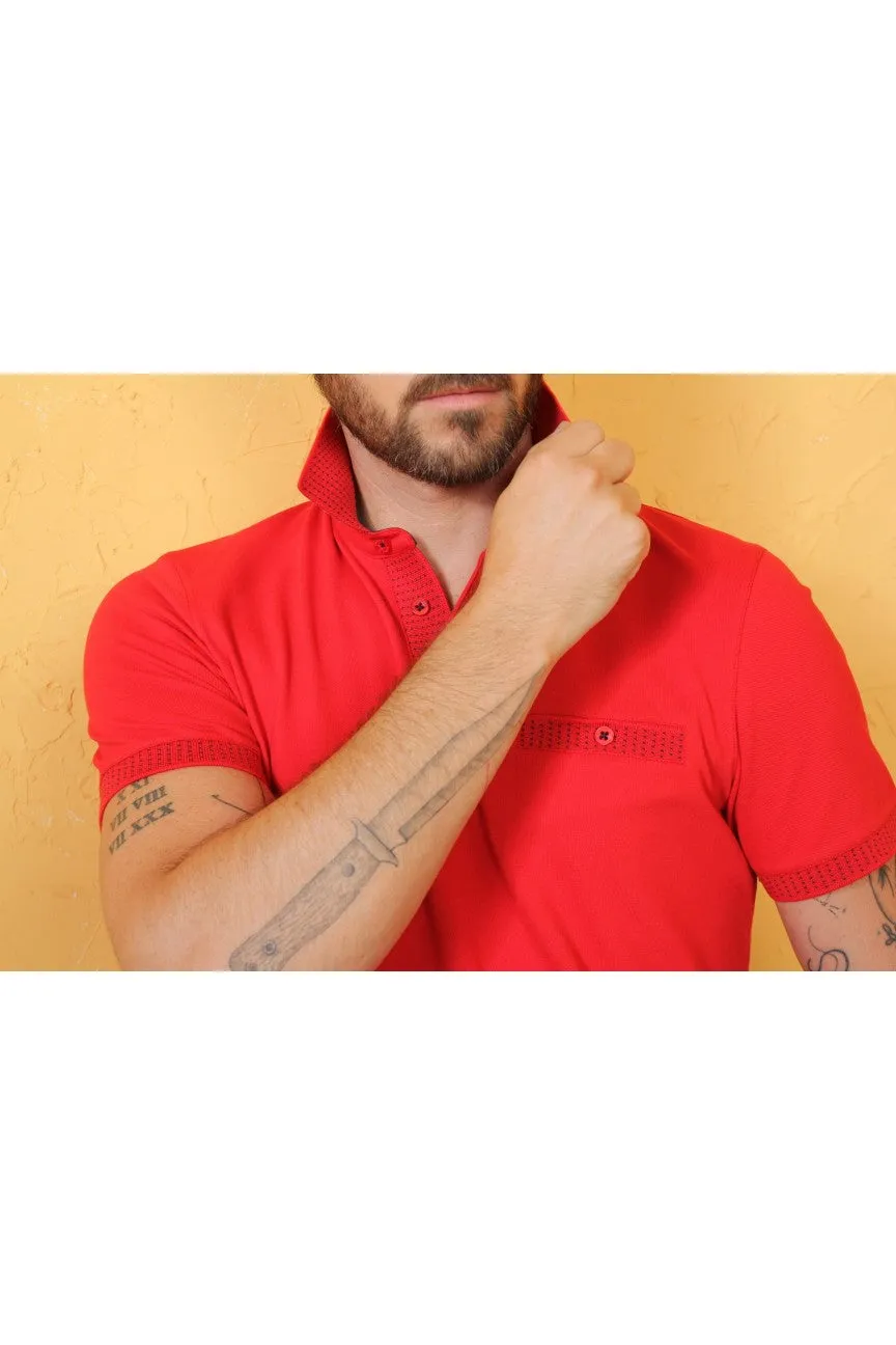Red Pocket Polo With Dot Trim