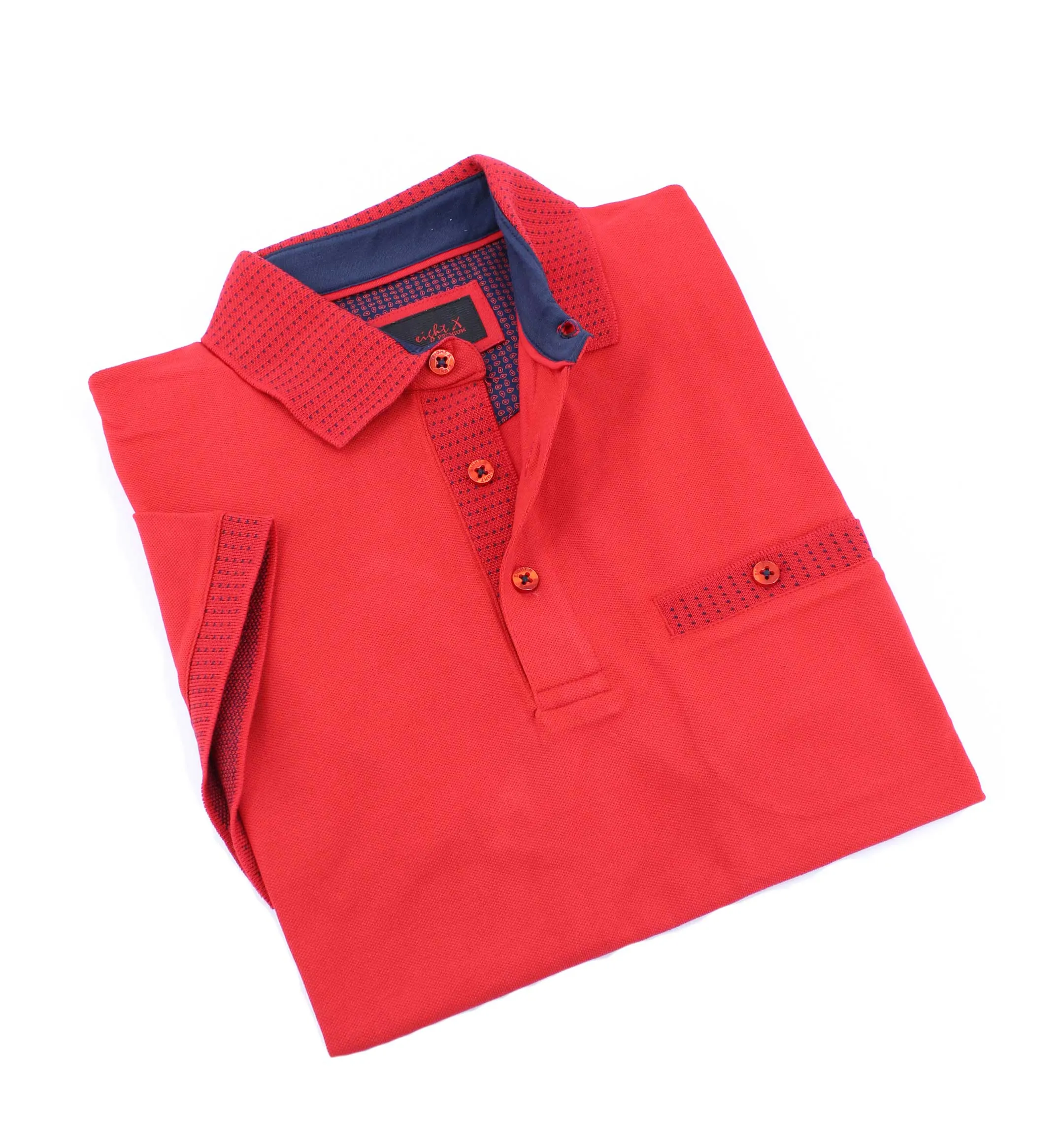 Red Pocket Polo With Dot Trim
