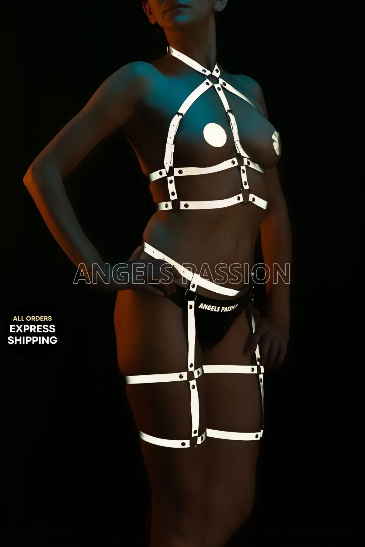 Reflective Garter Harness Set for Women - Glow in the Dark Open Bra Harness - Reflective Bdsm Garter Harness - Reflective Bra Harness Women2