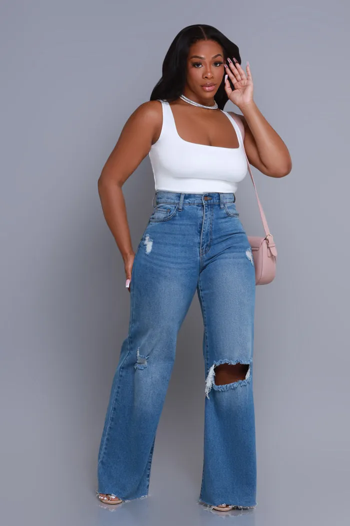 Rewind High Rise Distressed Straight Leg Jeans - Medium Wash