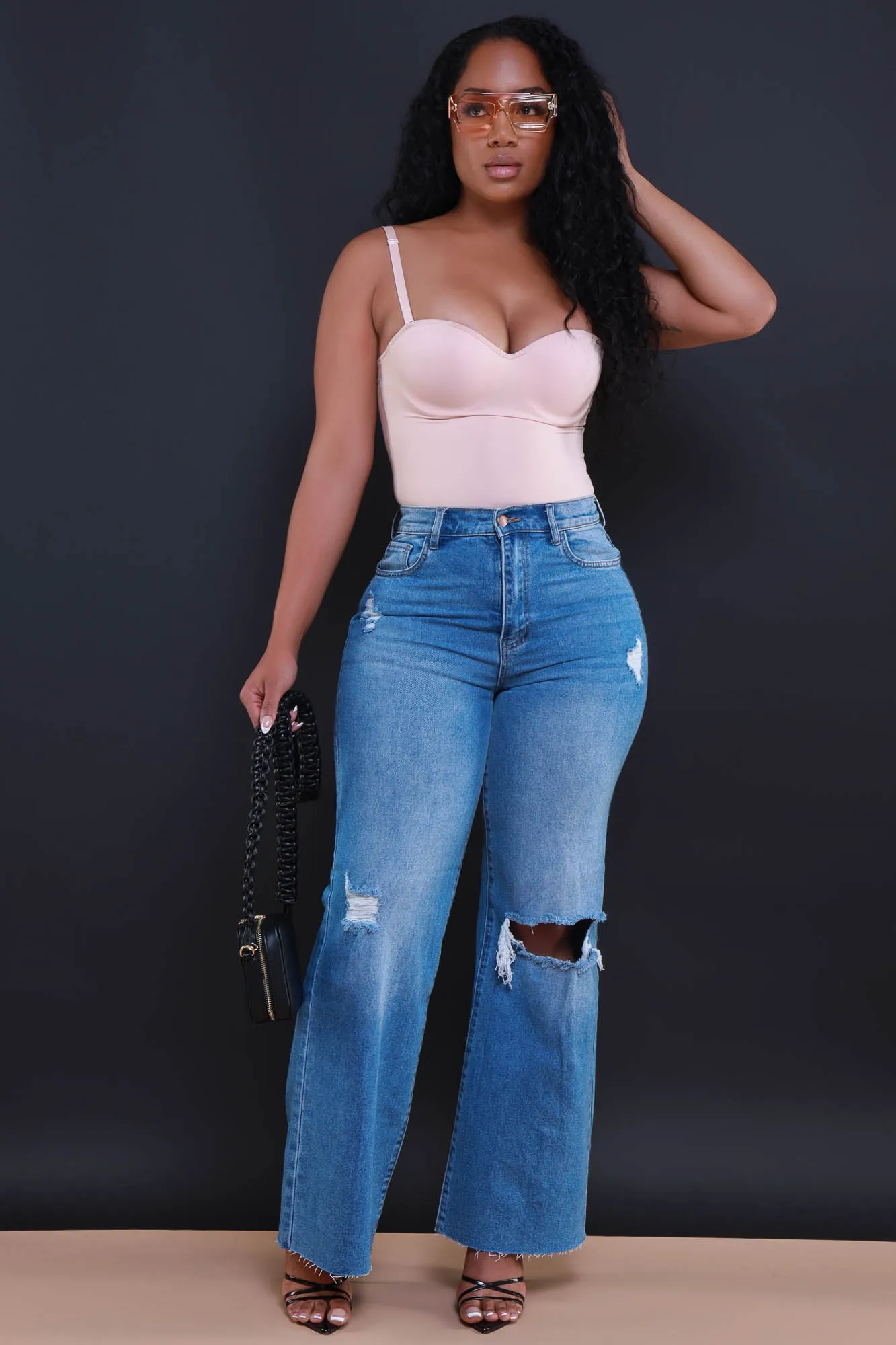 Rewind High Rise Distressed Straight Leg Jeans - Medium Wash