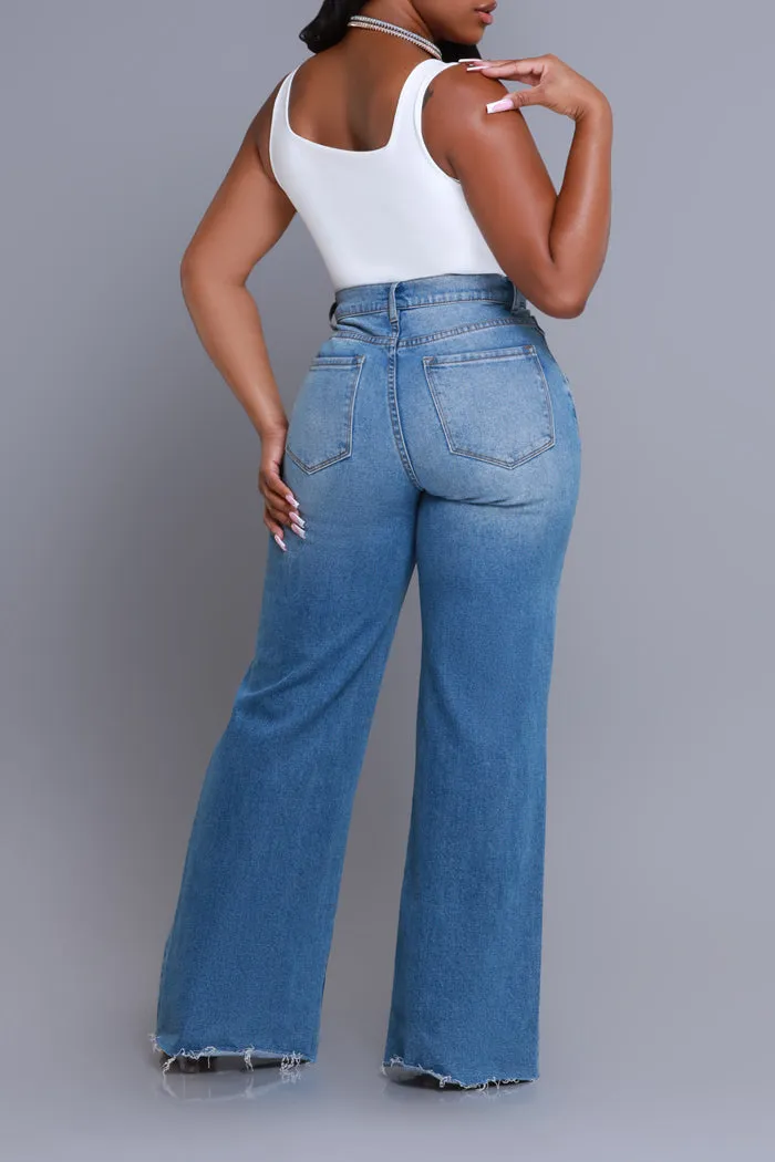 Rewind High Rise Distressed Straight Leg Jeans - Medium Wash