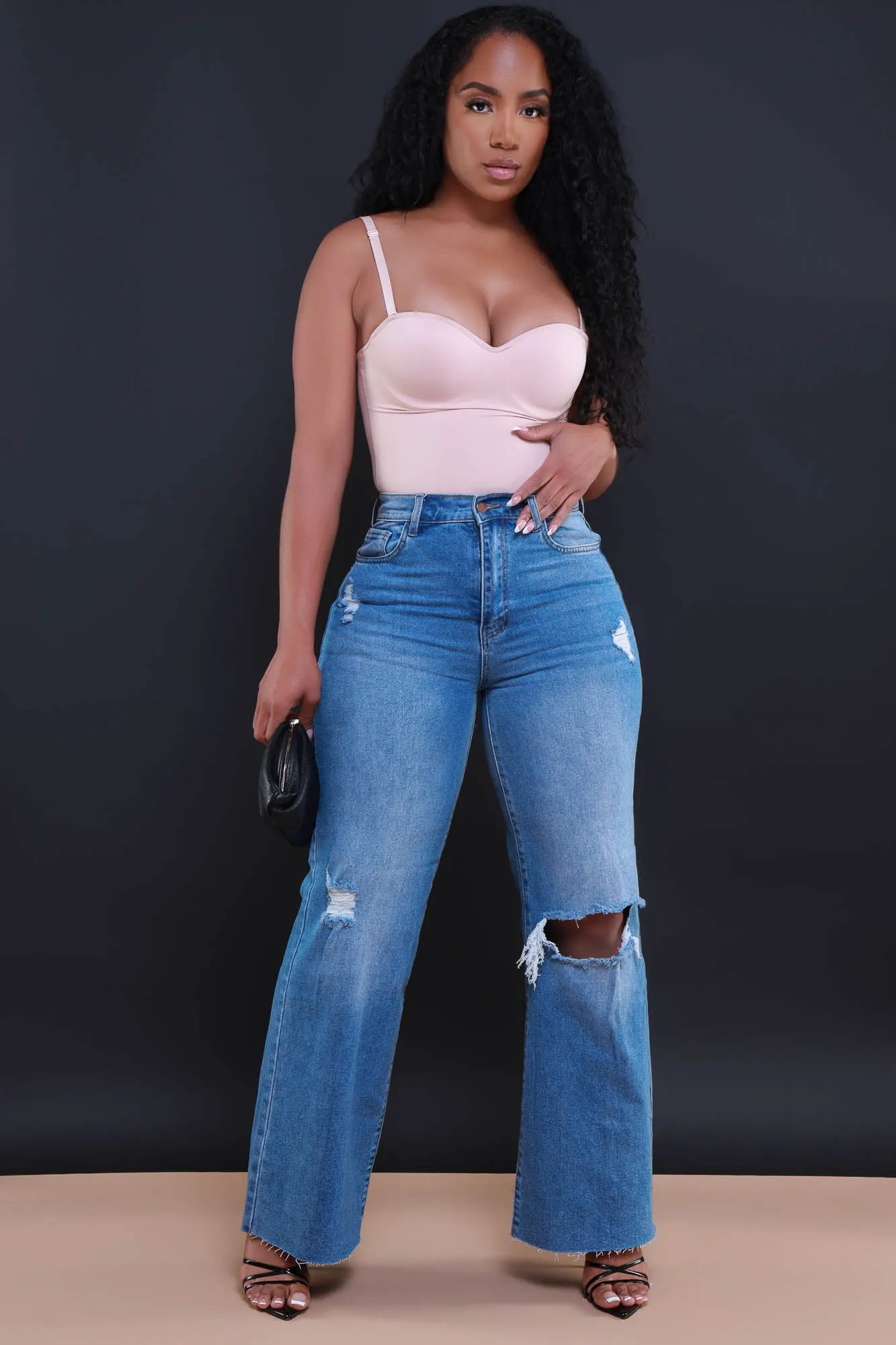 Rewind High Rise Distressed Straight Leg Jeans - Medium Wash