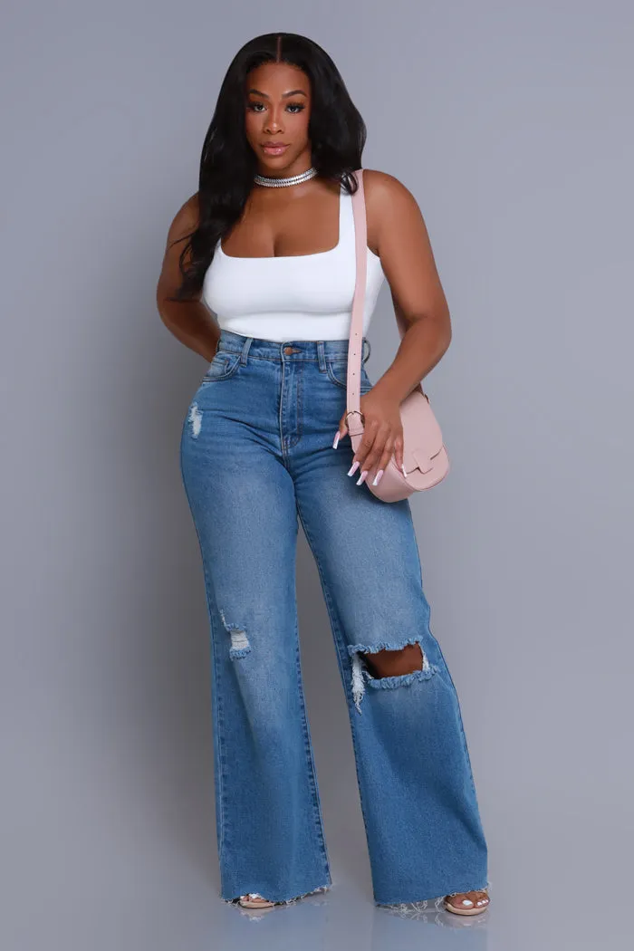 Rewind High Rise Distressed Straight Leg Jeans - Medium Wash
