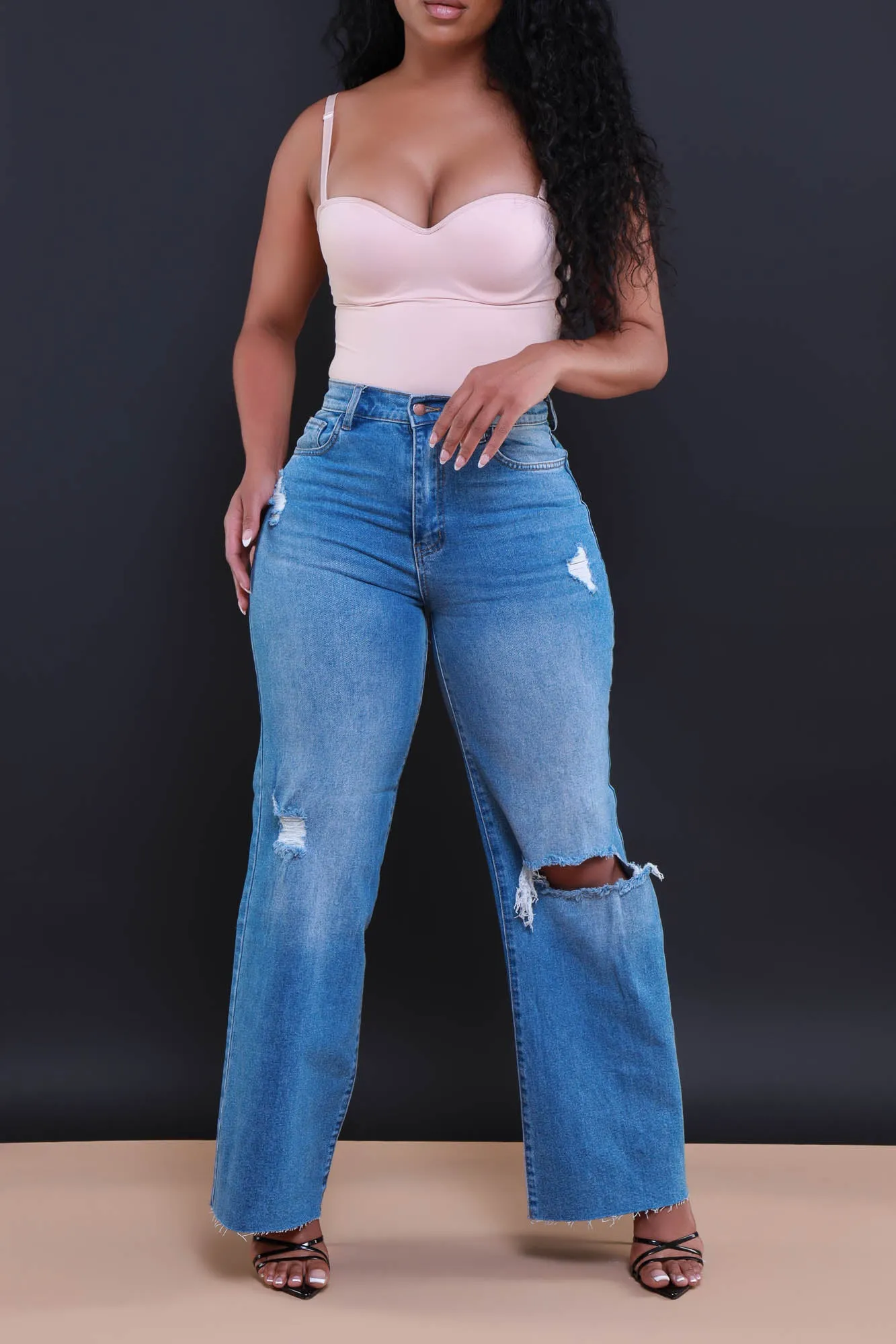 Rewind High Rise Distressed Straight Leg Jeans - Medium Wash