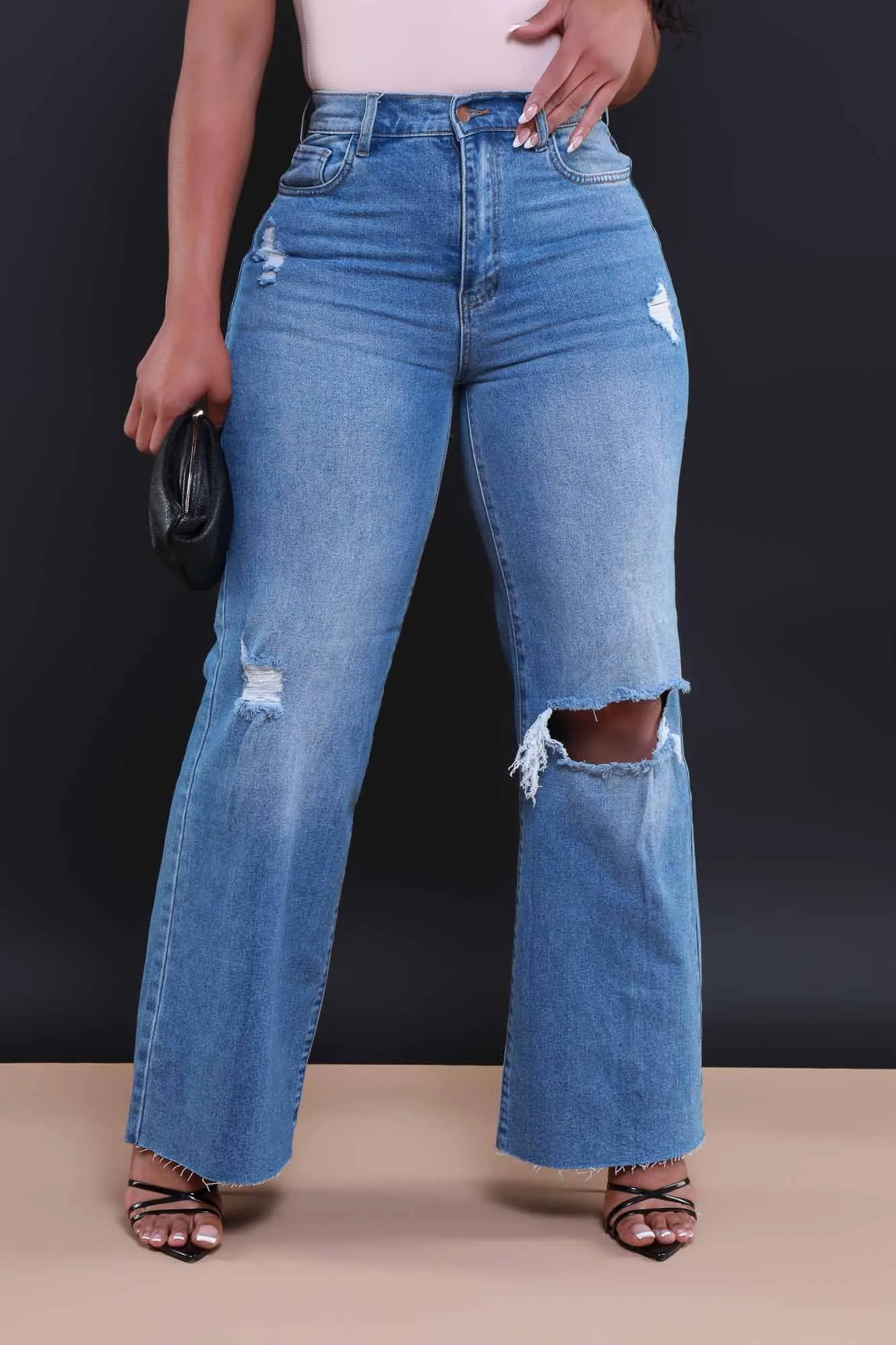 Rewind High Rise Distressed Straight Leg Jeans - Medium Wash