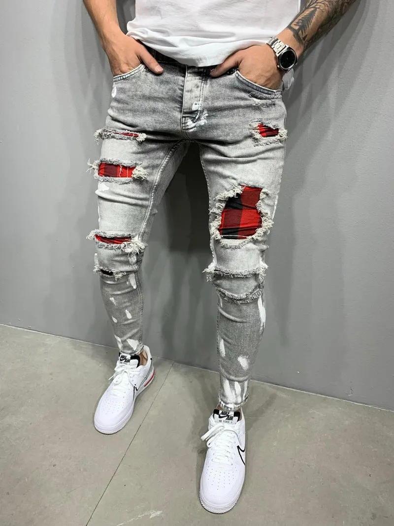 Ripped Patch Fashion Slim-fit Point Paint Stretch Small Feet Men's Jeans