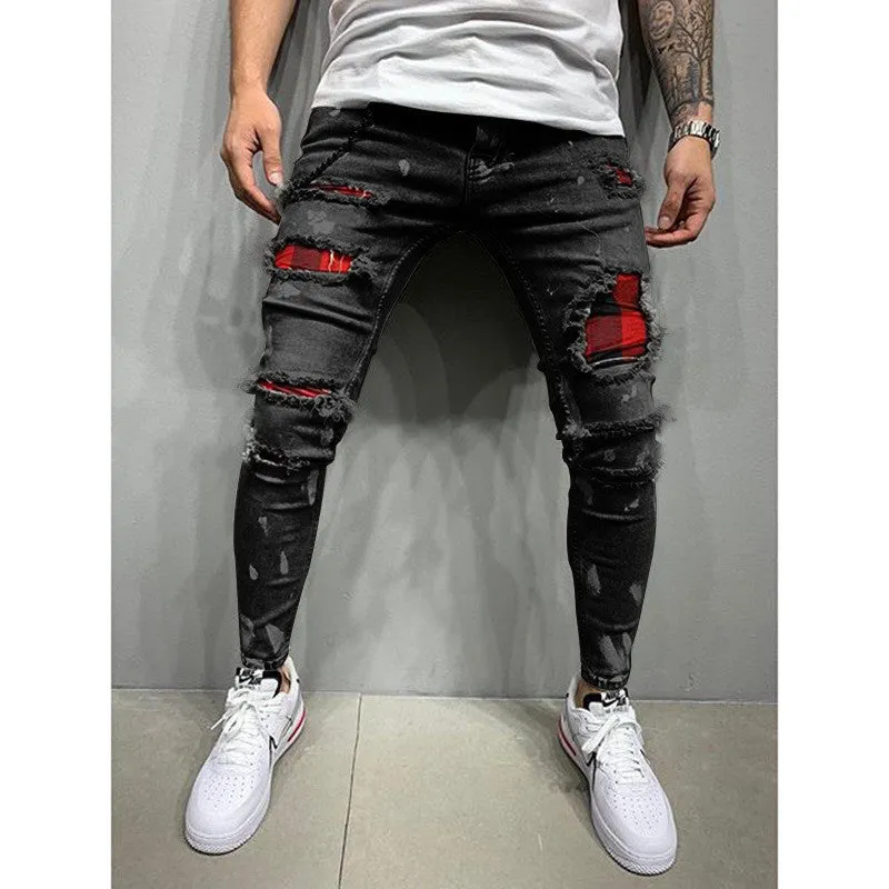 Ripped Patch Fashion Slim-fit Point Paint Stretch Small Feet Men's Jeans