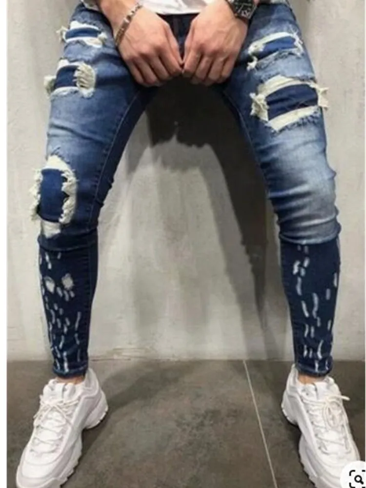 Ripped Patchwork Men's Jeans Pants Slim Stretch trousers