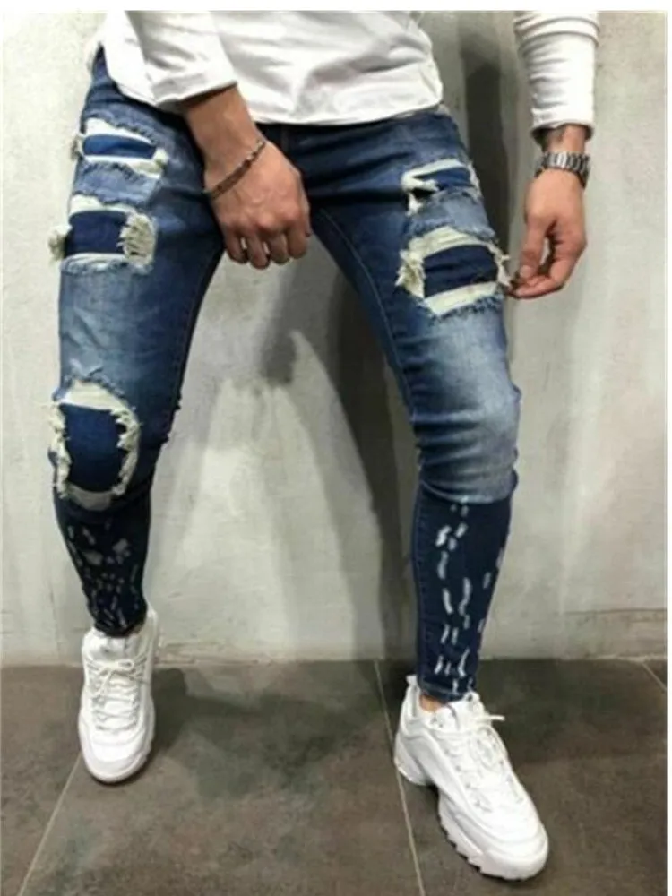 Ripped Patchwork Men's Jeans Pants Slim Stretch trousers