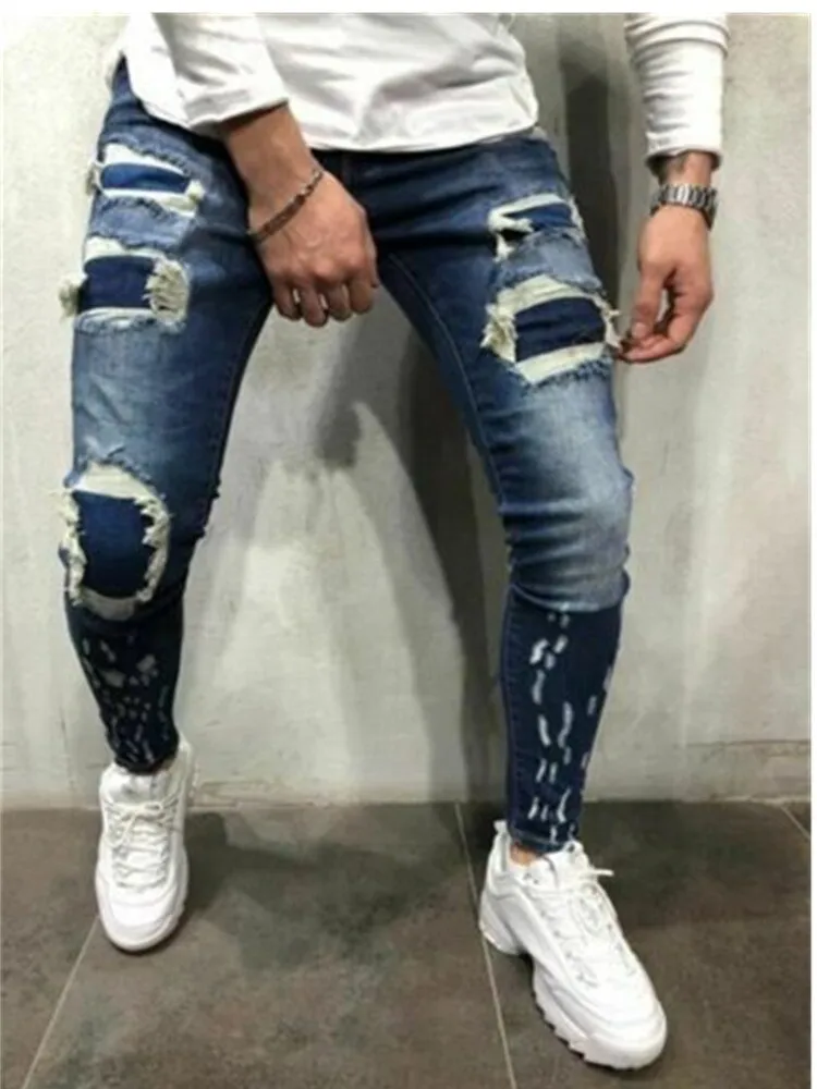 Ripped Patchwork Men's Jeans Pants Slim Stretch trousers
