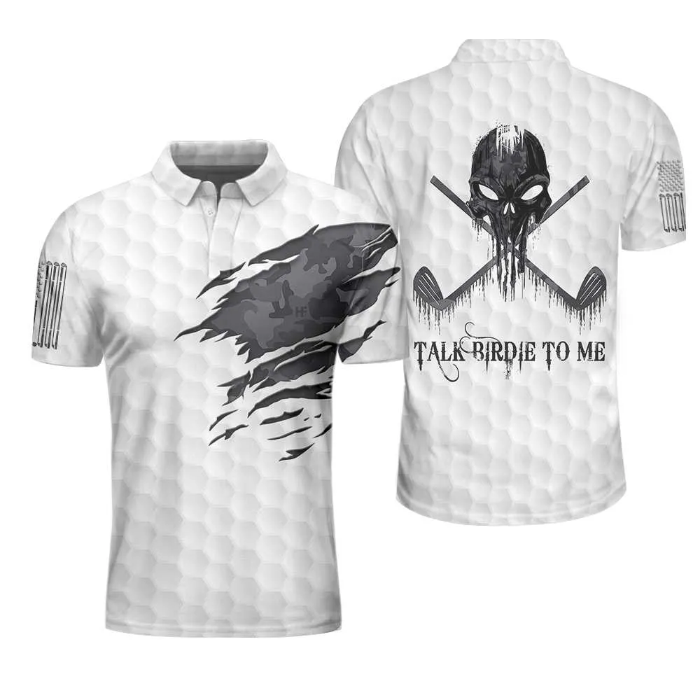 Ripped Vintage Golfing Skull Camouflaged Polo, Talk Birdie To Me Golf Pattern Polo Shirt, Best Golf Shirt For Men Coolspod