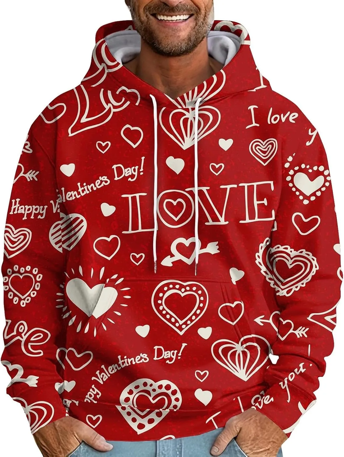 RTTUIOP Work Shirts For Men Hawaiian Long Sleeve Jacket Valentine's Day With Cap Cool Hoodie Heart Comfort With Pockets