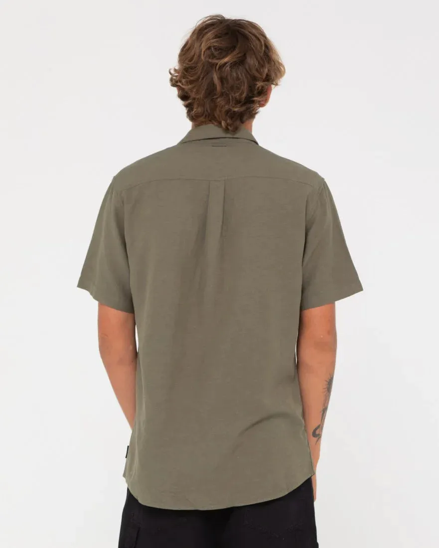 RUSTY Overtone Short Sleeve Linen Shirt - Shadow Army