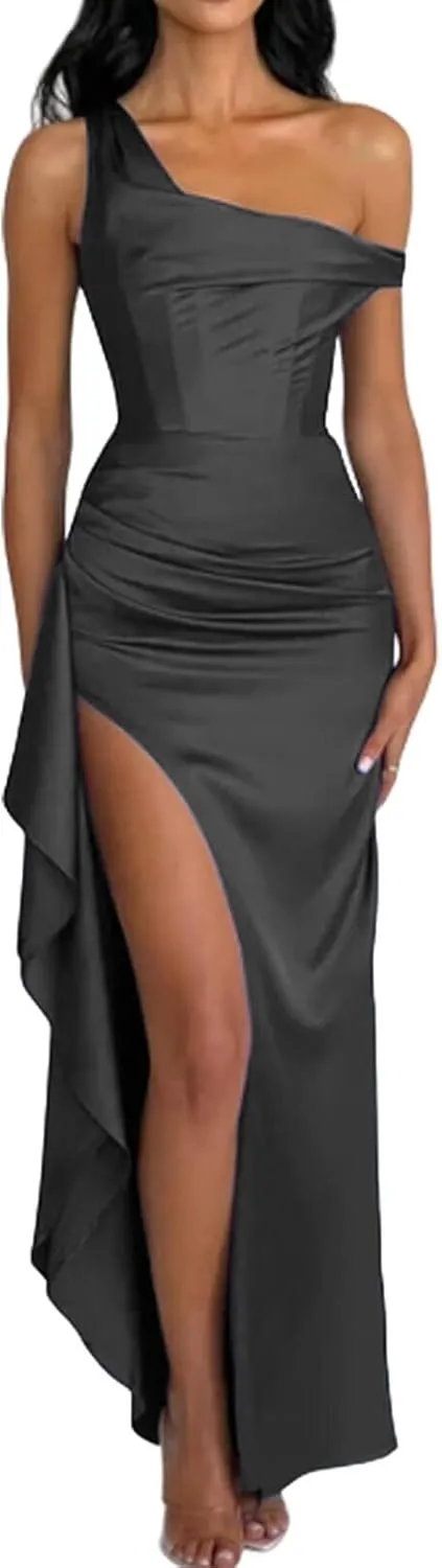Satin Formal Dresses for Women One Shoulder Bridesmaid Dresses 2025 Bodycon Pleated Formal Evening Gowns ACE174