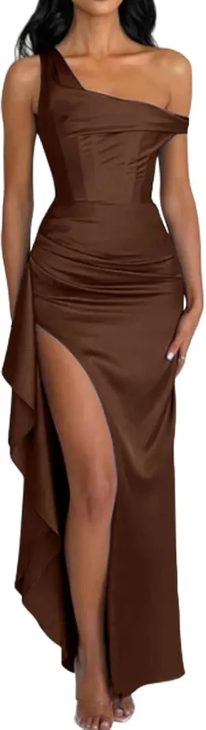 Satin Formal Dresses for Women One Shoulder Bridesmaid Dresses 2025 Bodycon Pleated Formal Evening Gowns ACE174