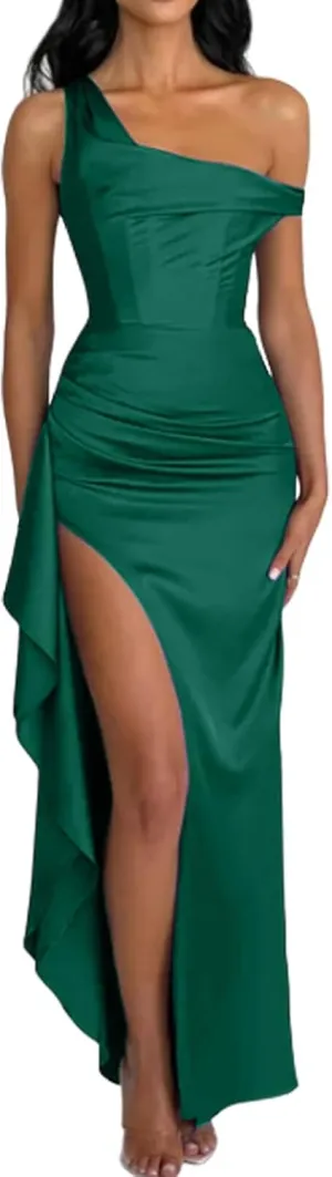 Satin Formal Dresses for Women One Shoulder Bridesmaid Dresses 2025 Bodycon Pleated Formal Evening Gowns ACE174