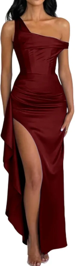 Satin Formal Dresses for Women One Shoulder Bridesmaid Dresses 2025 Bodycon Pleated Formal Evening Gowns ACE174
