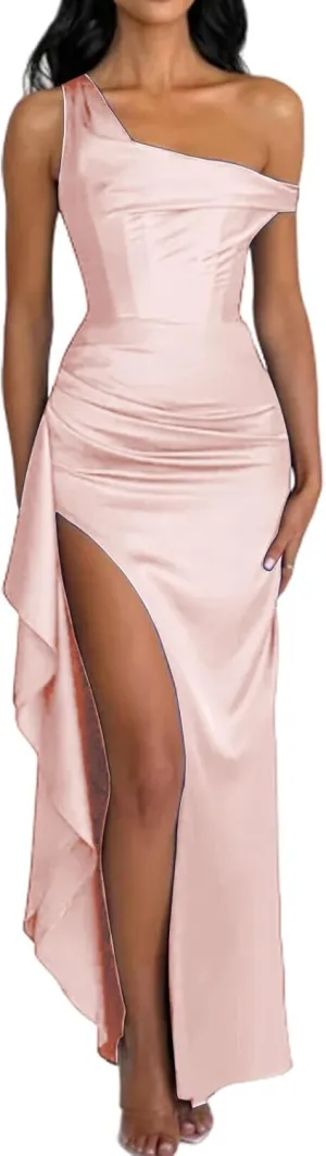 Satin Formal Dresses for Women One Shoulder Bridesmaid Dresses 2025 Bodycon Pleated Formal Evening Gowns ACE174