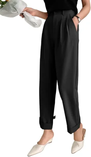 SECOLI Women's 2024 Casual Black Pants Casual Plain Straight Leg Trousers