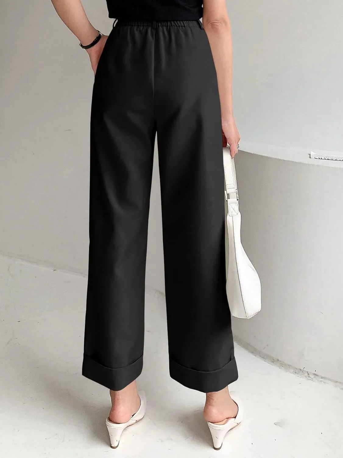 SECOLI Women's 2024 Casual Black Pants Casual Plain Straight Leg Trousers