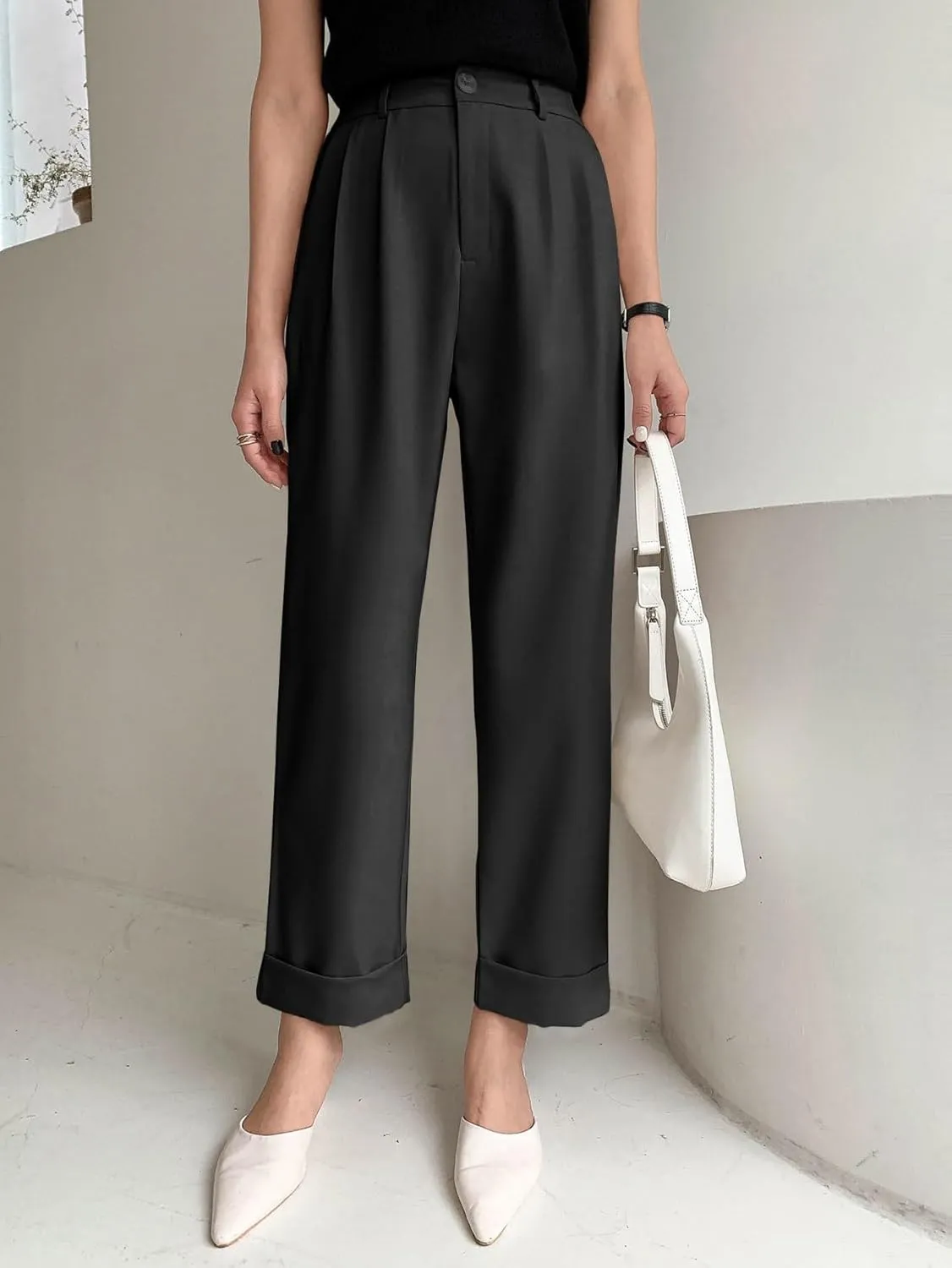 SECOLI Women's 2024 Casual Black Pants Casual Plain Straight Leg Trousers