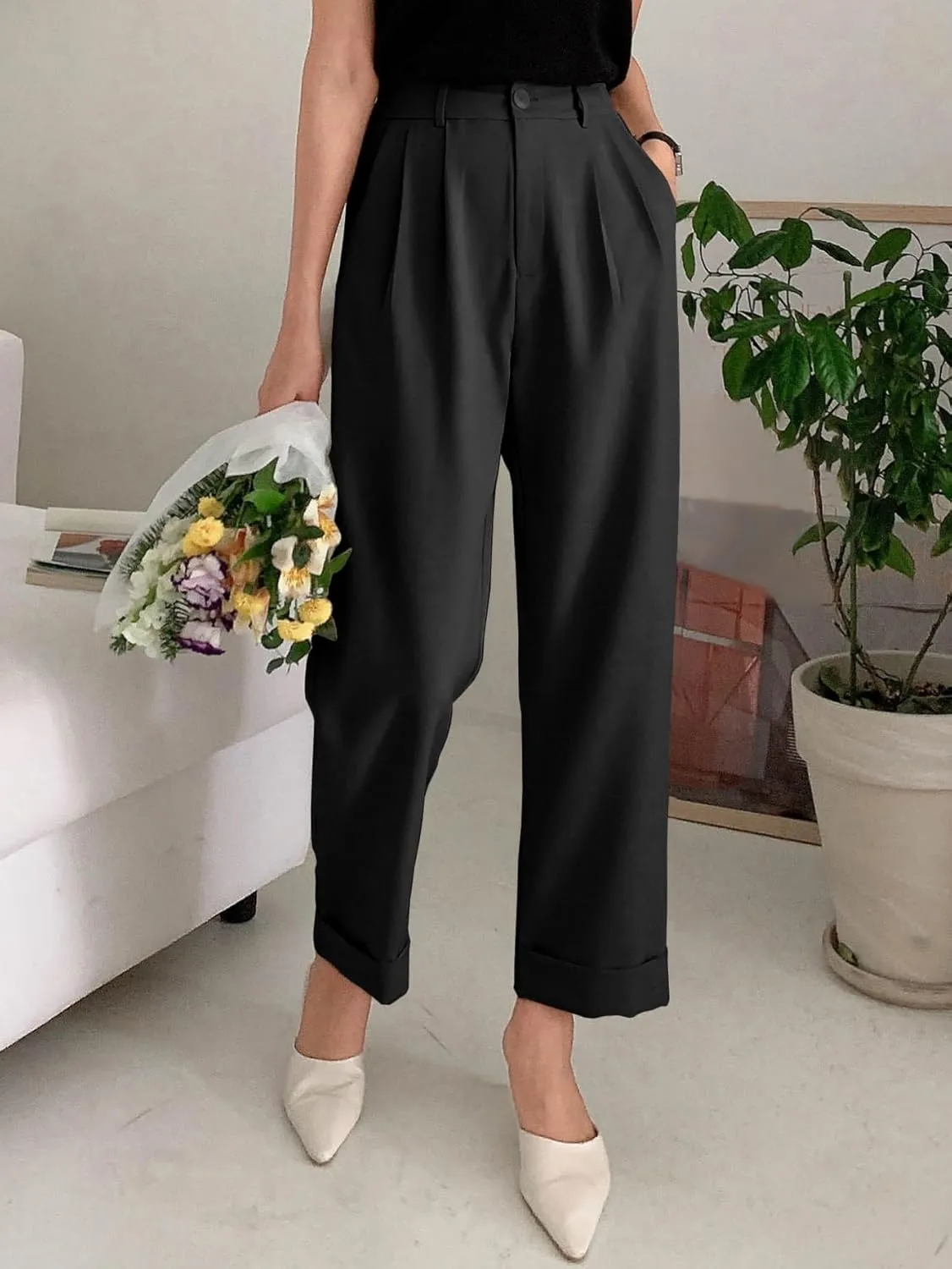 SECOLI Women's 2024 Casual Black Pants Casual Plain Straight Leg Trousers